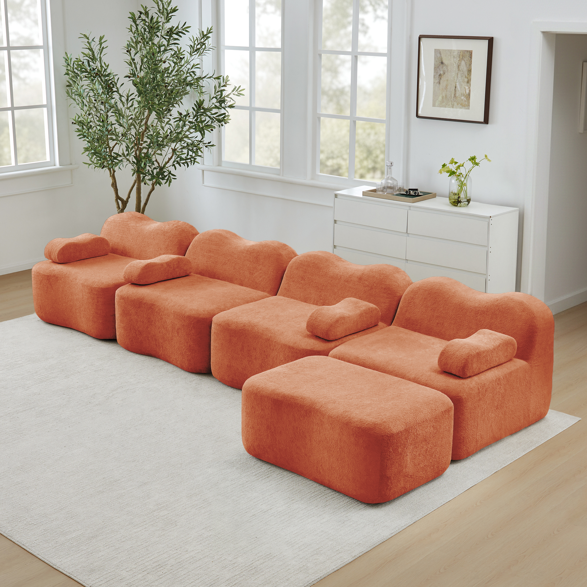 Canapé Modulable Tissu Velours Doux Résistant Structure Stable Modules Flexibles Orange Dimensions 384 Cm