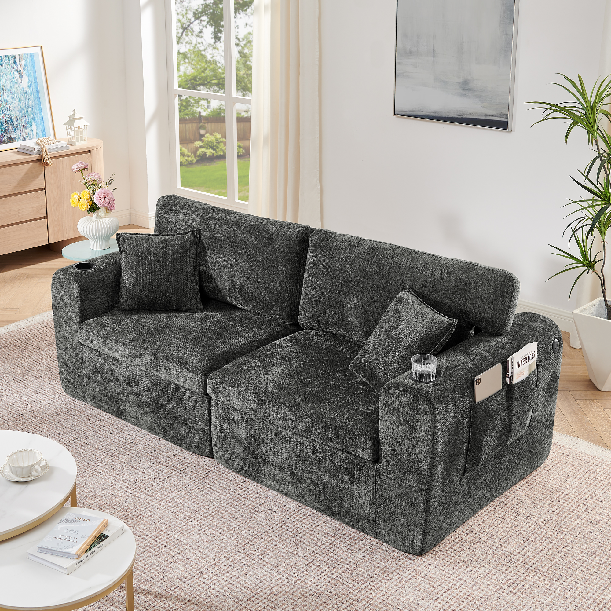 Petit canapé droit 2 places en tissu Chenille noir avec rangement latéral et port USB, siège relaxant lecture salon moderne