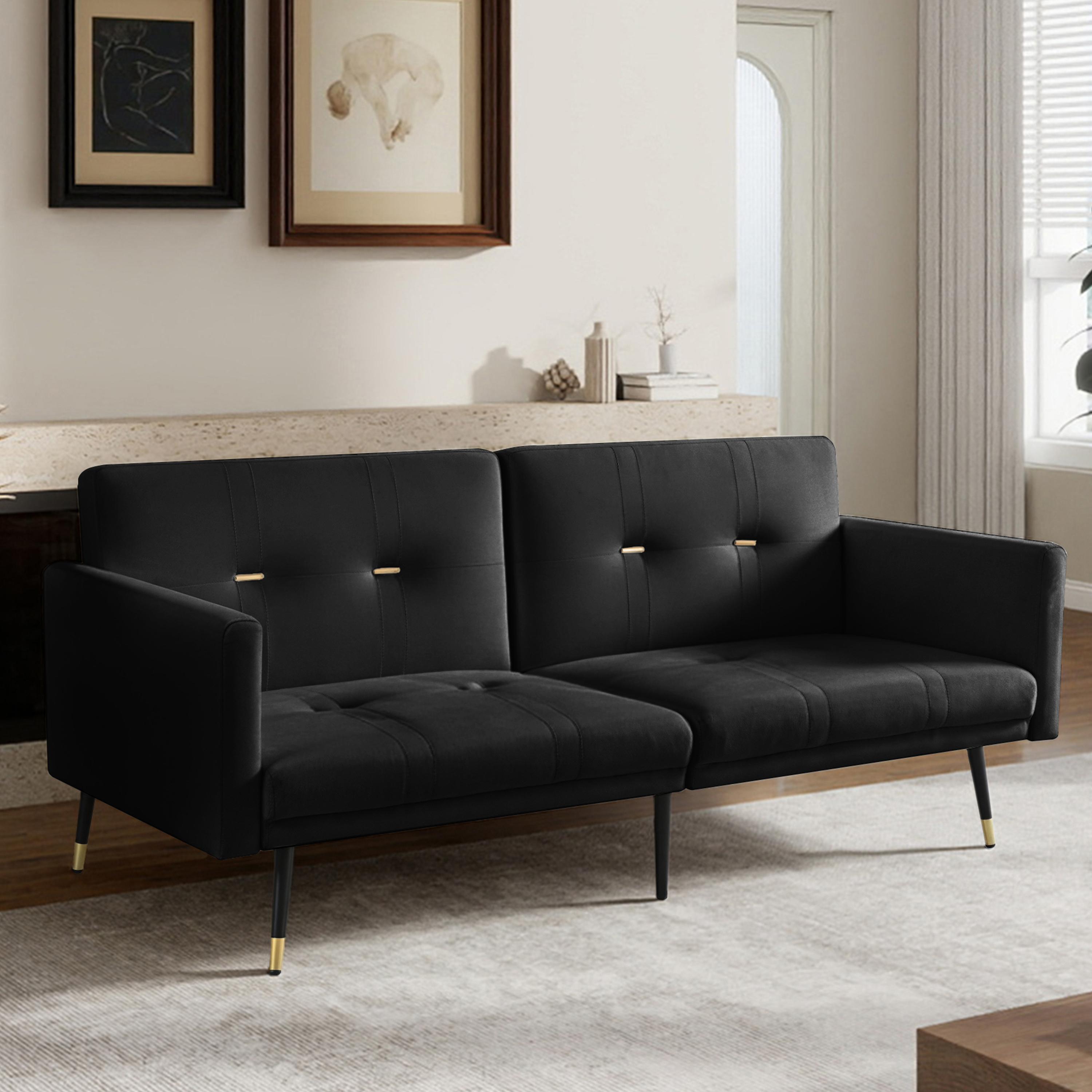 Canapé Convertible 2 Places Noir en Velours, Canapé-Lit Réglable 5 Positions avec Pieds de 20cm, Structure Stable 180kg