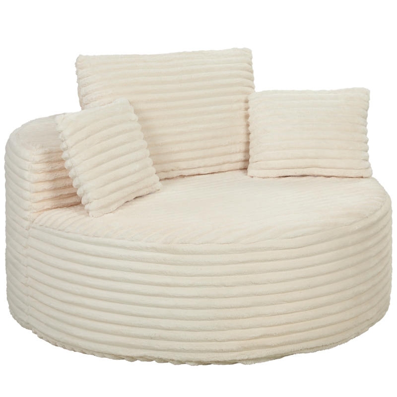 Fauteuil sans cadre 130x130x82 cm en tissu côtelé crème, canapé une place tout mousse avec 4 coussins inclus et charge max 250 kg