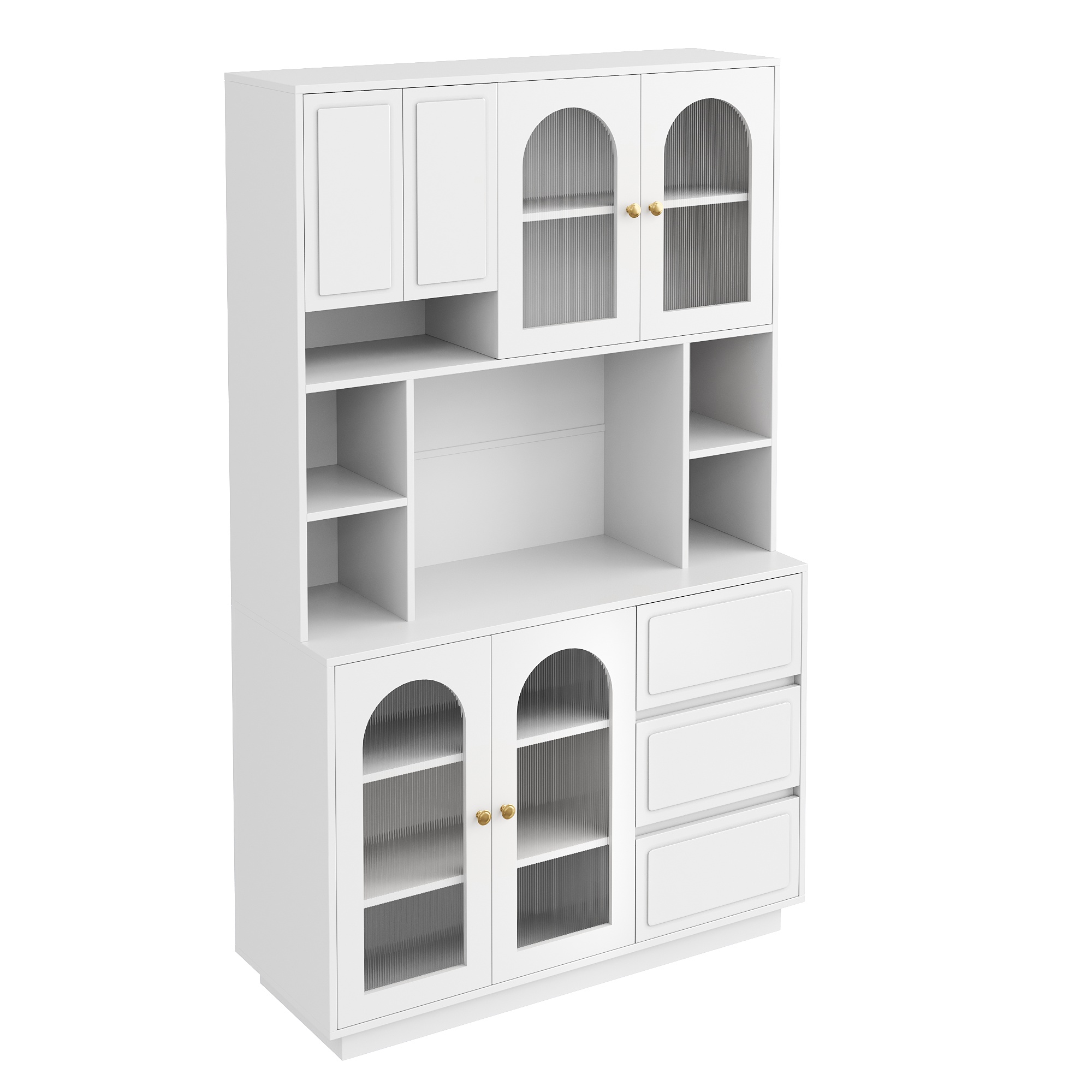 Buffet Rangement 106x30x175 cm, Meuble Cuisine Haut avec Zone Bar Ouverte, LED Connectée et Rangements Multiples