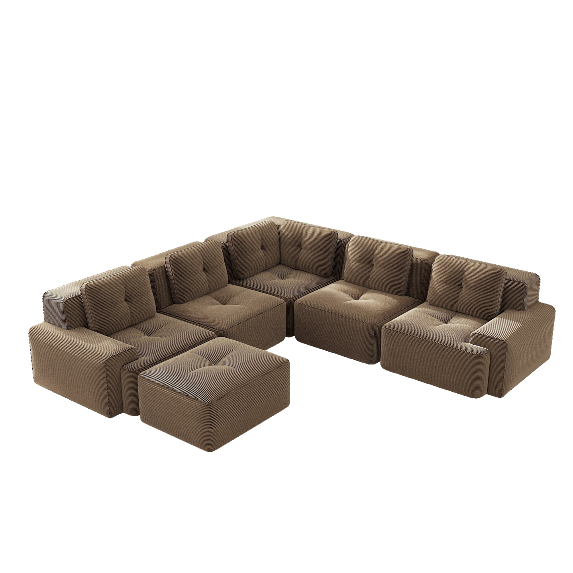 Canapé d'angle modulable marron en velours côtelé sans cadre, profondeur 74cm, design contemporain pour salon ou bureau, aucune installation requise