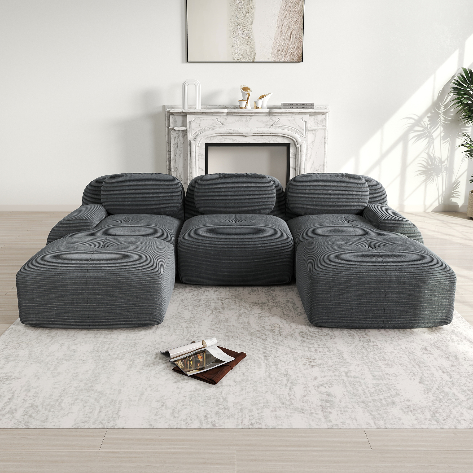 Canapé d'angle modulable en velours côtelé gris, 5 places, sans montage, antidérapant et adapté aux animaux