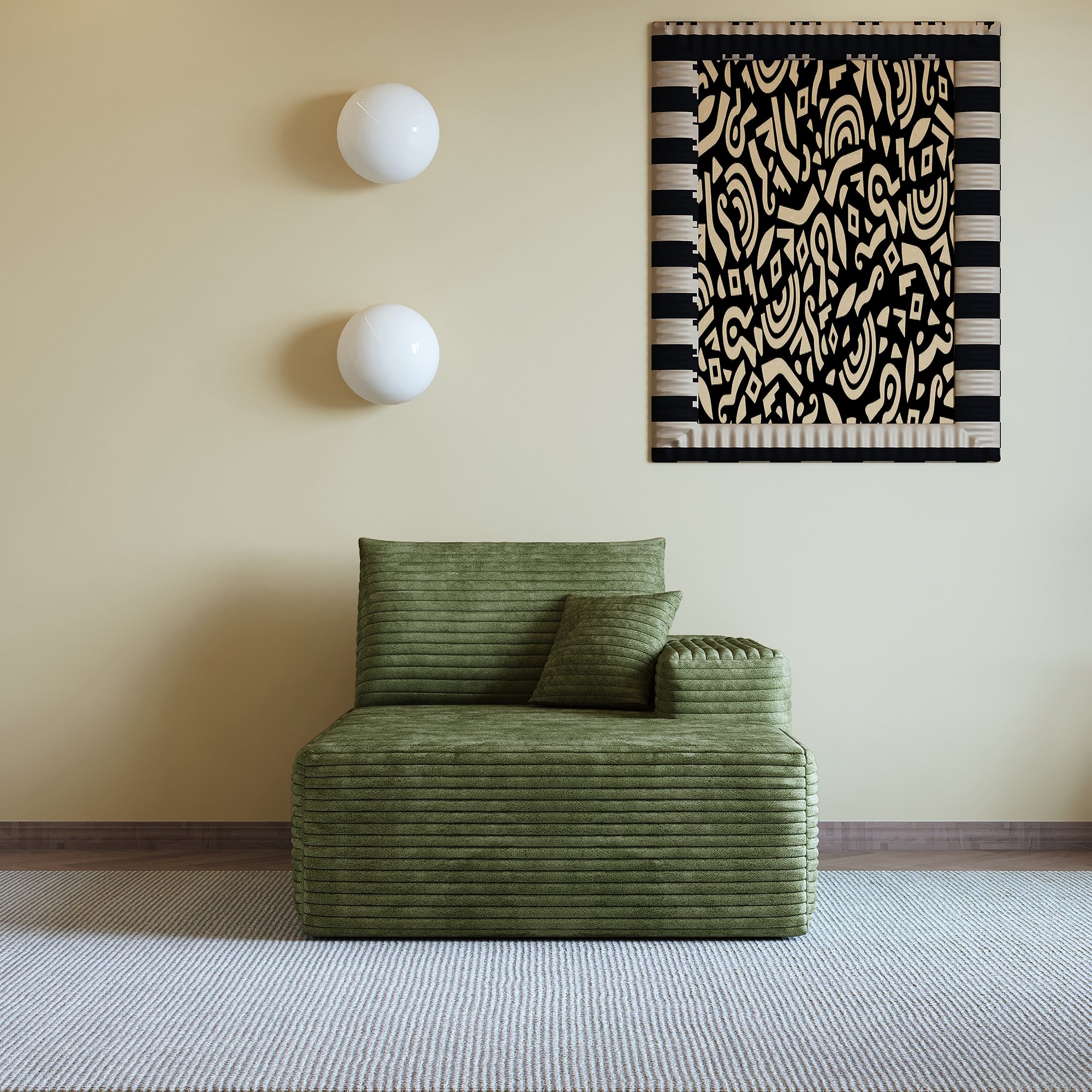 Canapé droit convertible vert en tissu velours côtelé, structure sans montage, dimensions 175x95x83 cm pour salon moderne et chambre