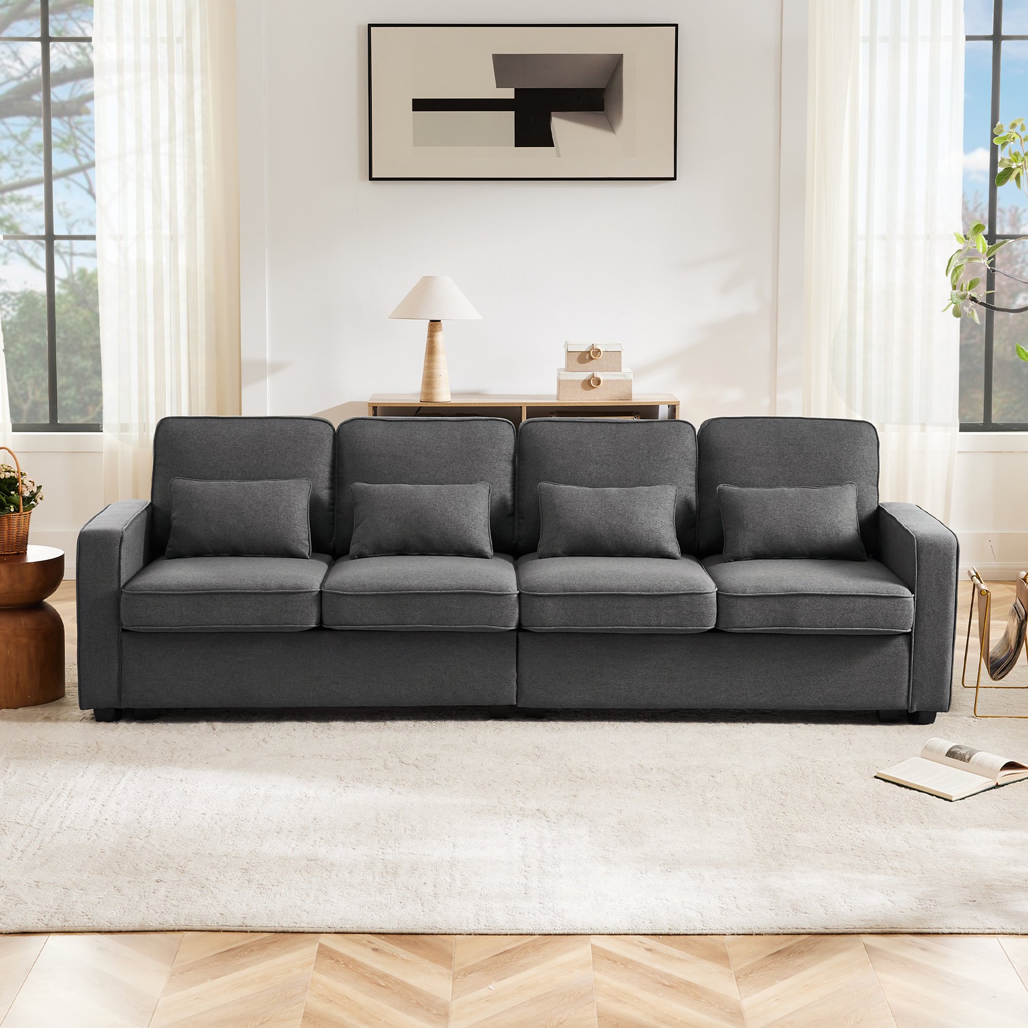 Canapé 4 Places Gris Foncé Tissu Lin Optique avec Poches Accoudoirs et 4 Coussins Lombaires pour Salon Moderne