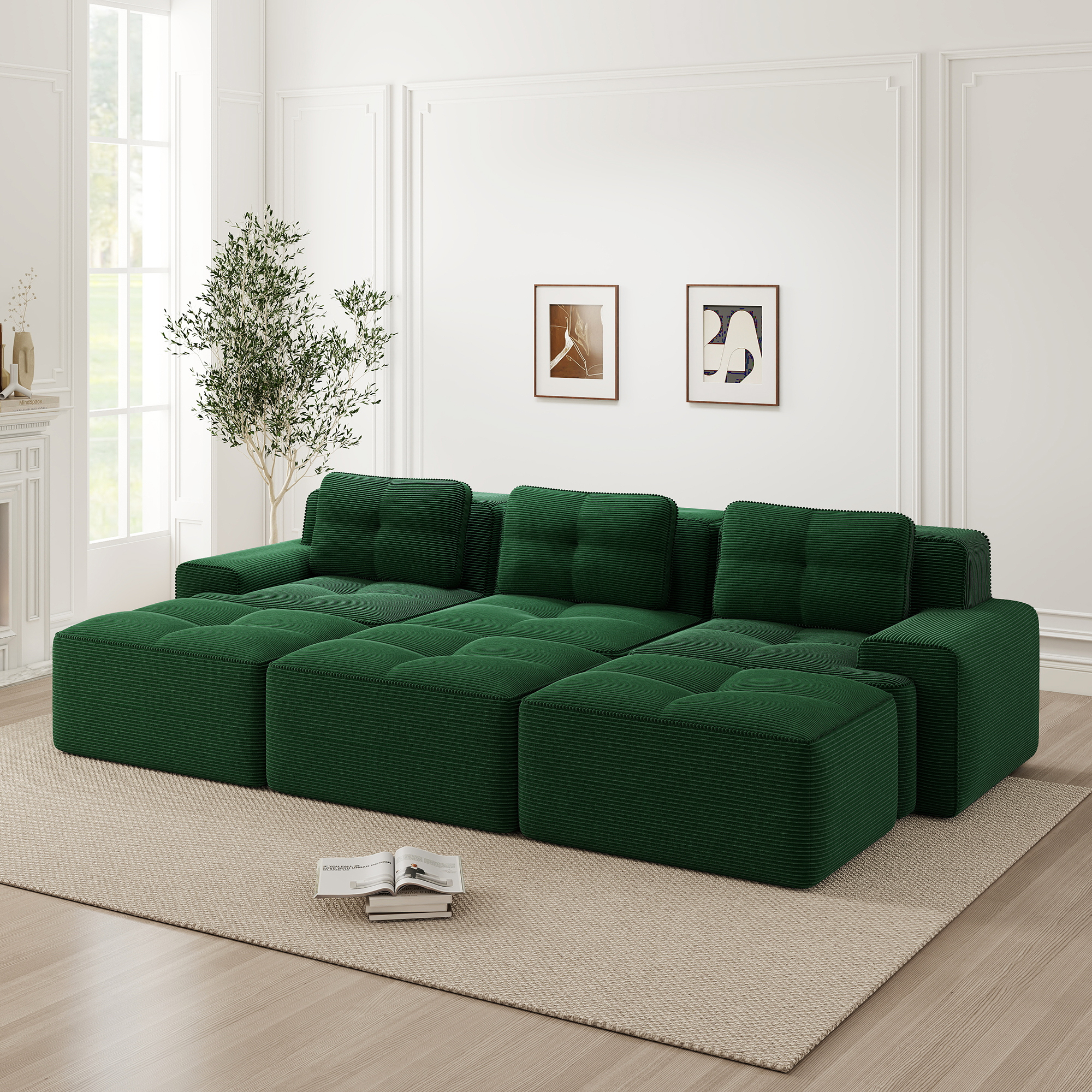 Canapé d'angle convertible vert en velours côtelé doux, structure modulable sans pieds avec assise profonde 74 cm et hockers
