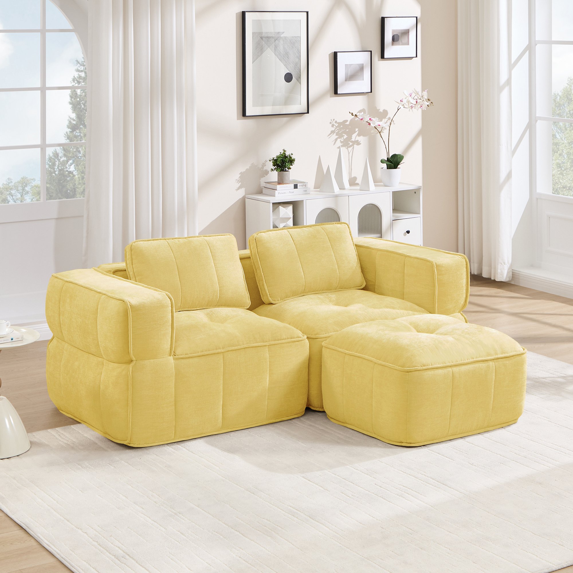 Canapé d'angle 198x162 cm jaune, 2 places avec ottoman, poids total 42,8 kg, capacité de charge 550 kg, livraison en 3 colis séparés
