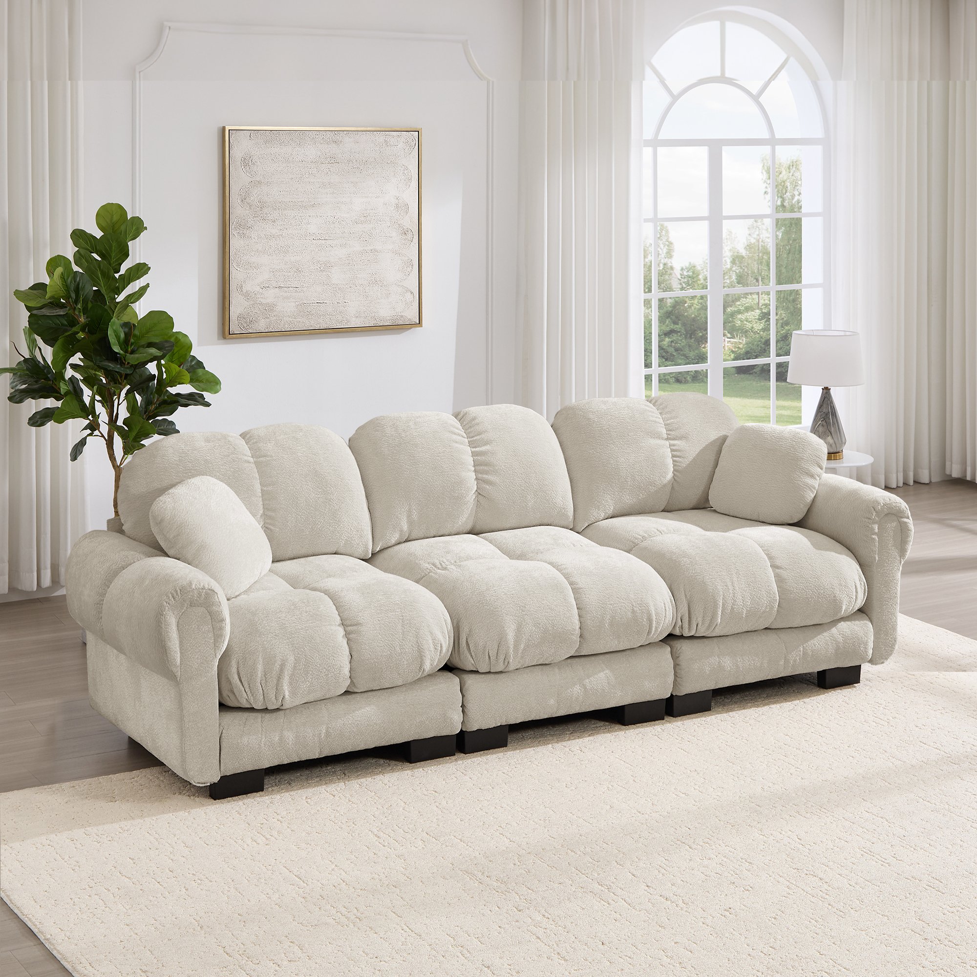Canapé 3 places en chenille kaki clair, design capitonné avec coussins inclus, structure modulable pour salon contemporain