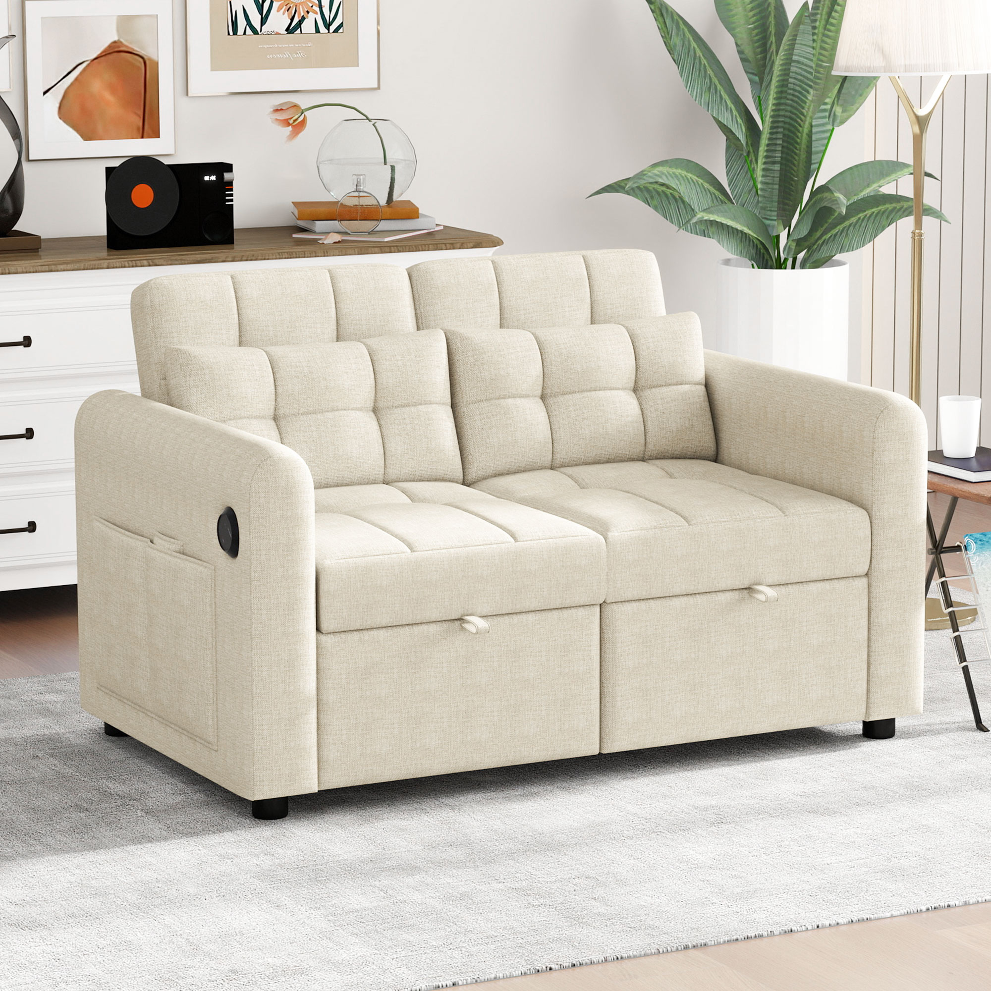 Canapé d'angle 2 places en lin beige avec dossier inclinable 3 positions, port USB et tiroir intégré