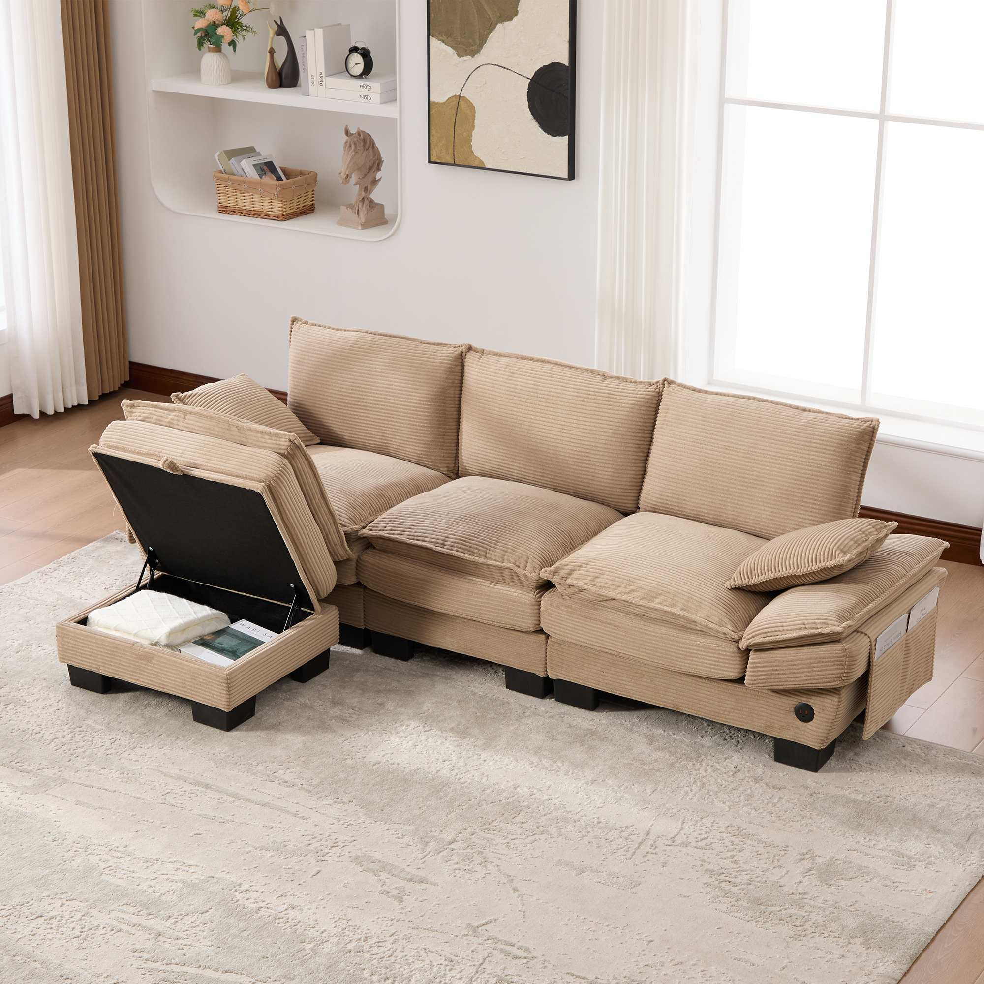 Canapé d'angle 3 places modulable avec pouf, coffre intégré et port USB-C pour salon ou bureau