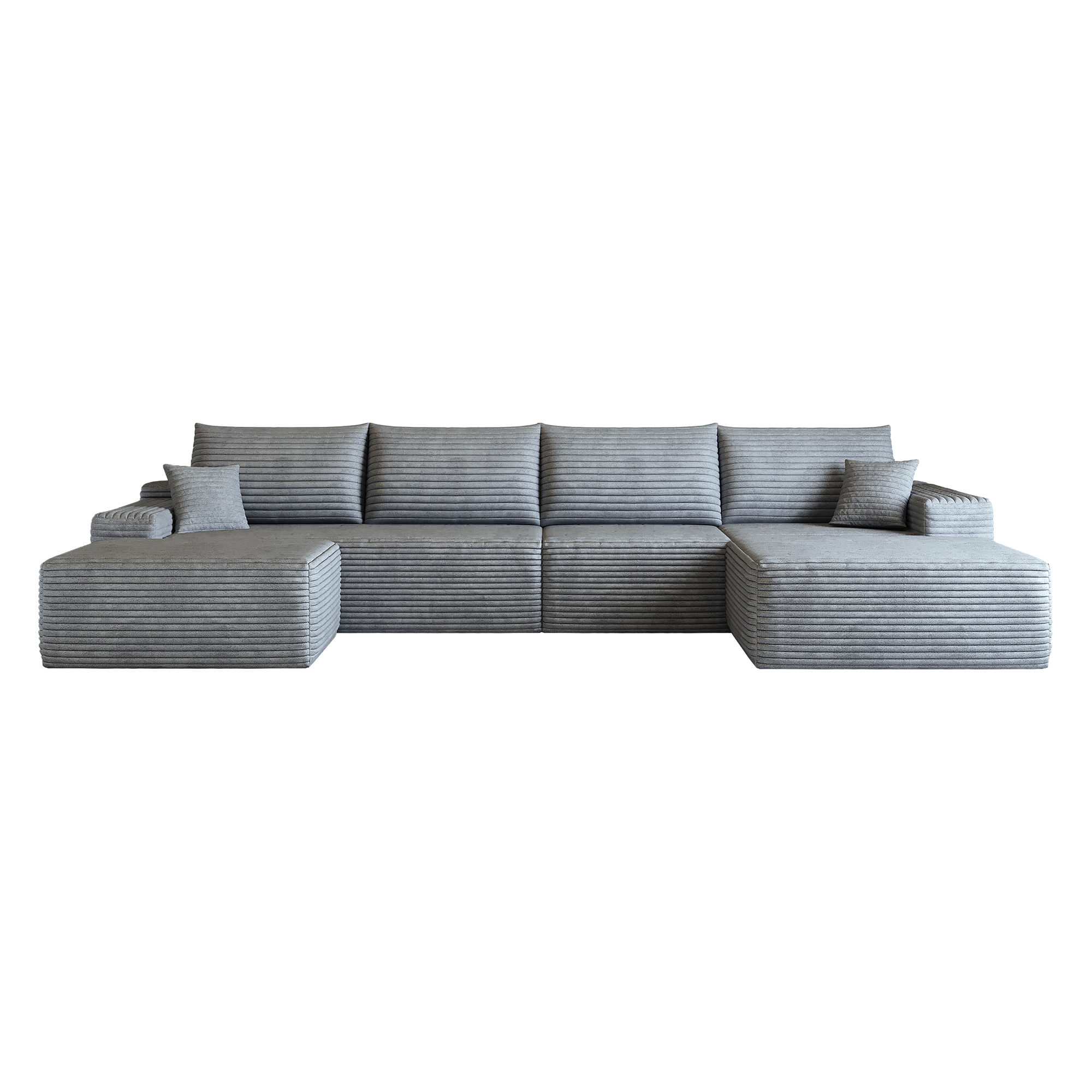Canapé d'angle 340x175cm en tissu côtelé gris, structure modulaire avec méridienne, assise profonde et confort mousse haute densité pour salon moderne