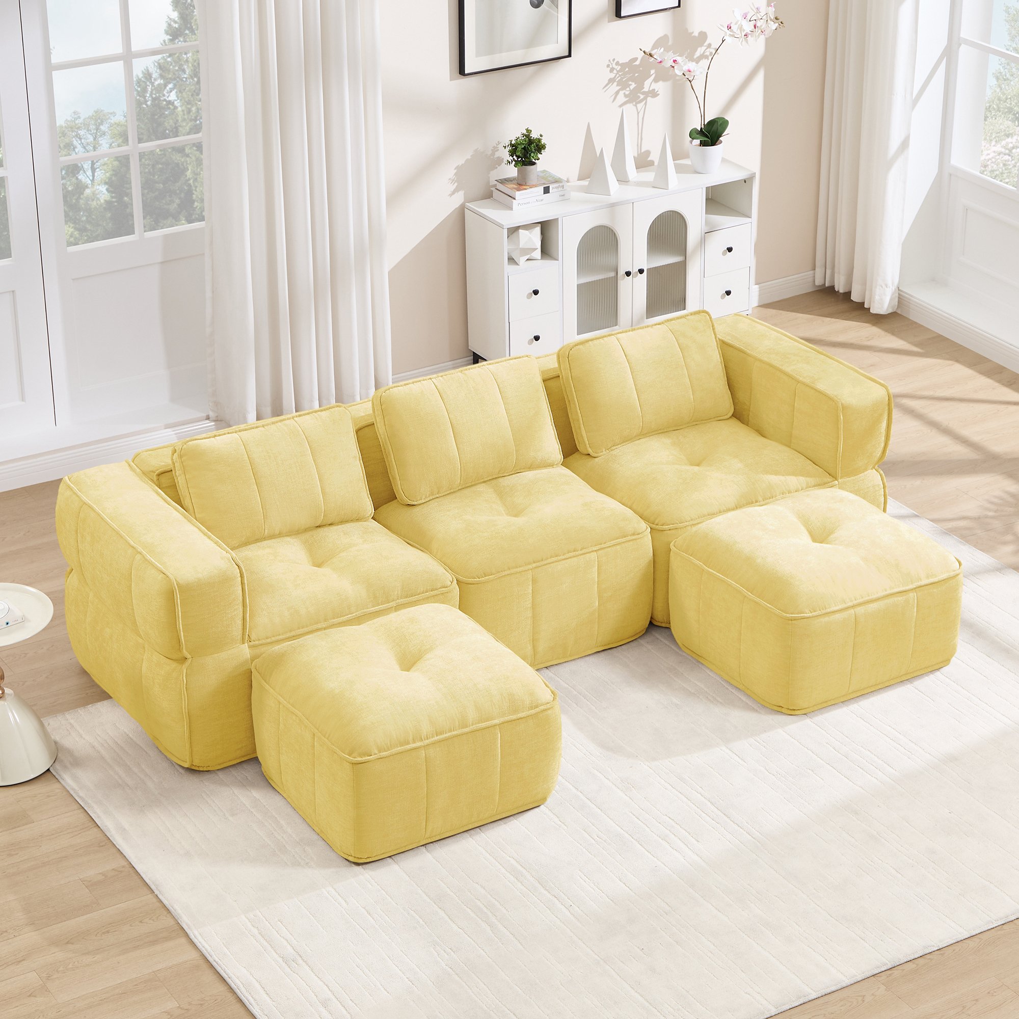 Canapé modulable 3 places jaune en polyester, structure sans cadre, mousse haute densité, profondeur de siège généreuse pour salon contemporain