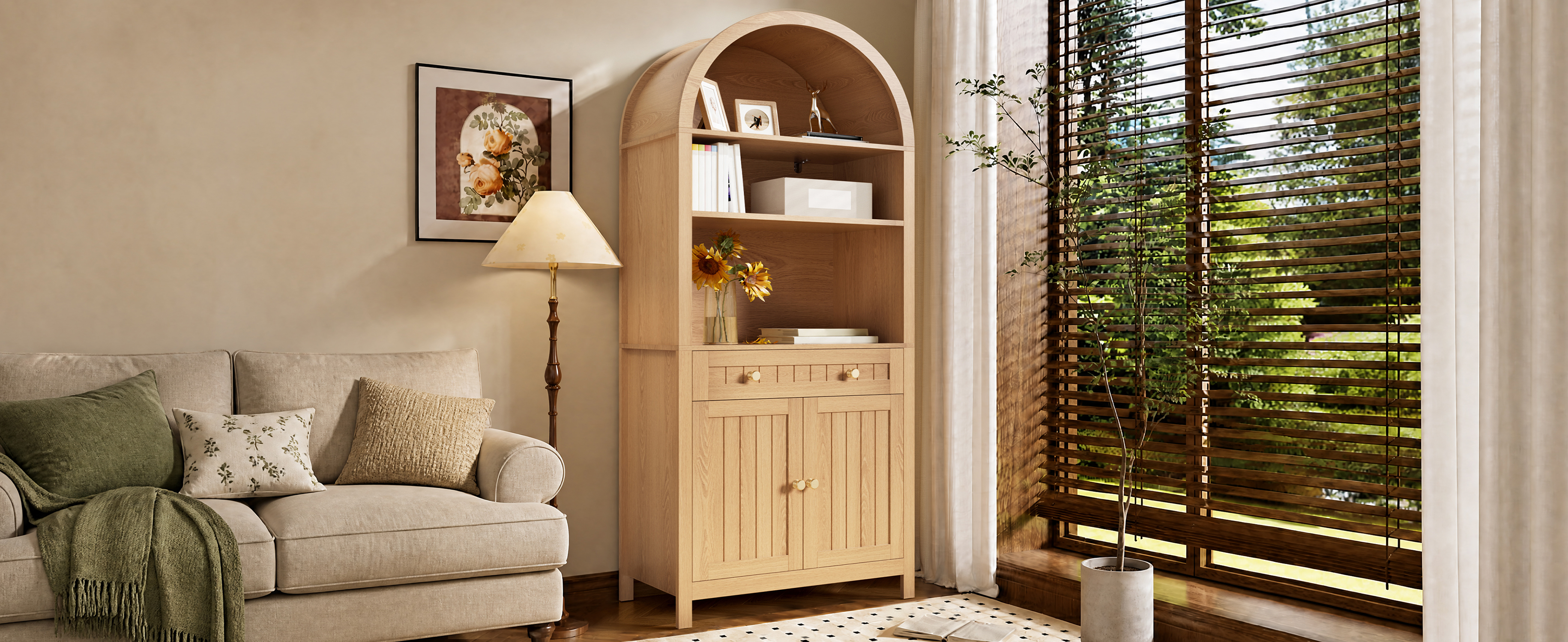 Buffet Cuisine Moderne Arc Naturel, Armoire Stockage Vaisselle avec Double Porte Intégrée et Organisateur Épices 76x40x180 cm