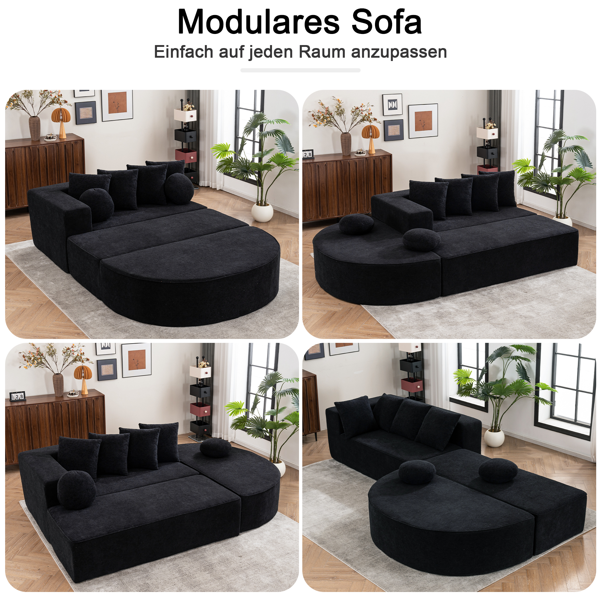 Canapé Modulable en Chenille Noire - Structure Modulaire Flexible avec Coussins et Accoudoirs Large pour Intérieur
