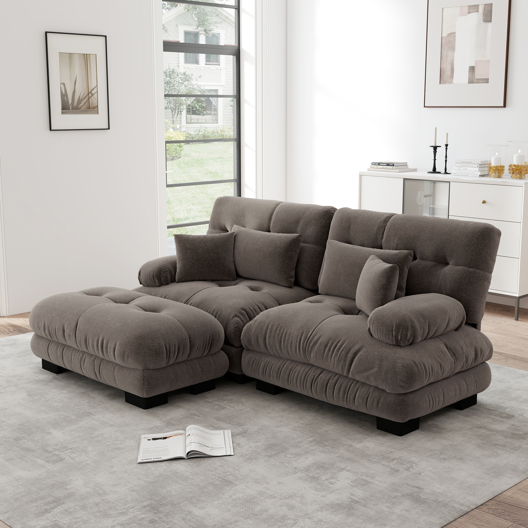 Canapé d'angle modulable 220x145x81 cm, canapé chenille marron double place avec ottoman, design contemporain pour salon spacieux
