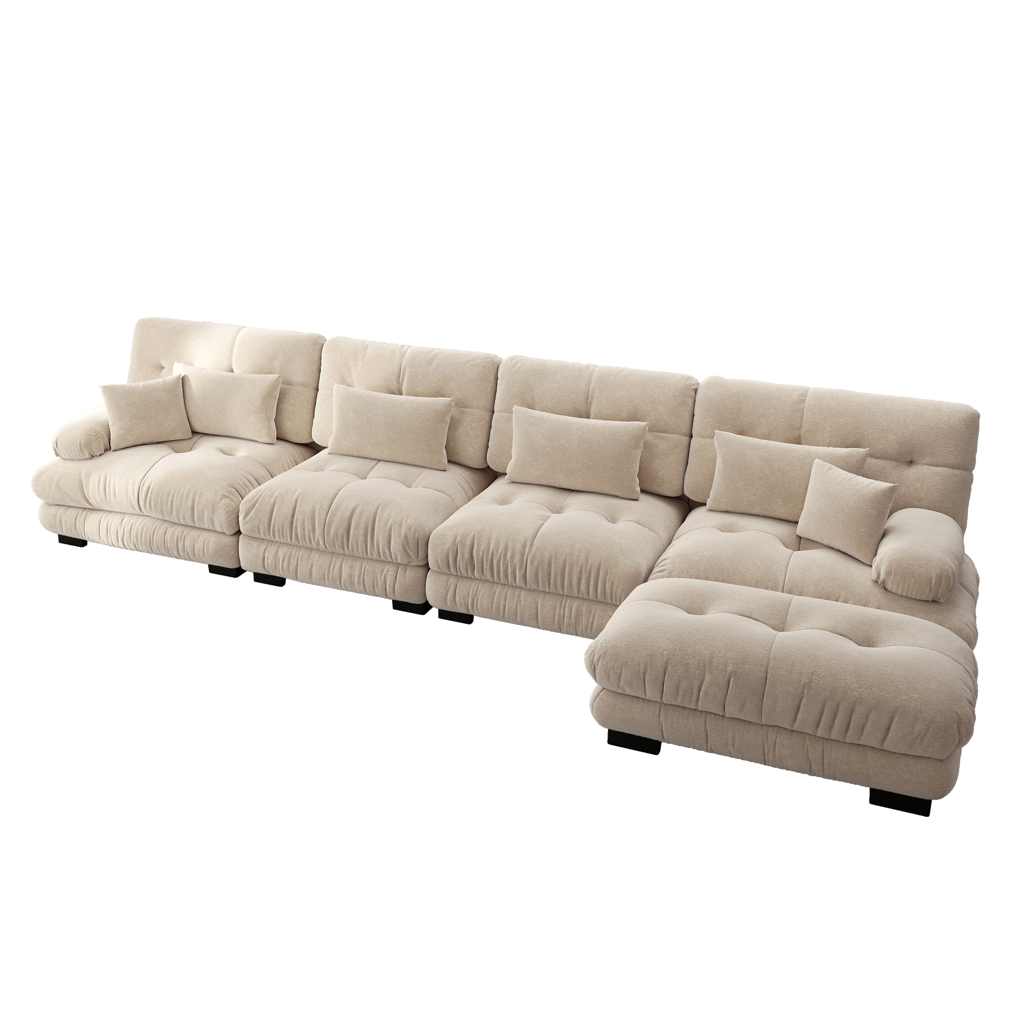 Canapé d'angle modulable 4 places en chenille marron clair avec pouf mobile pour salon et bureau