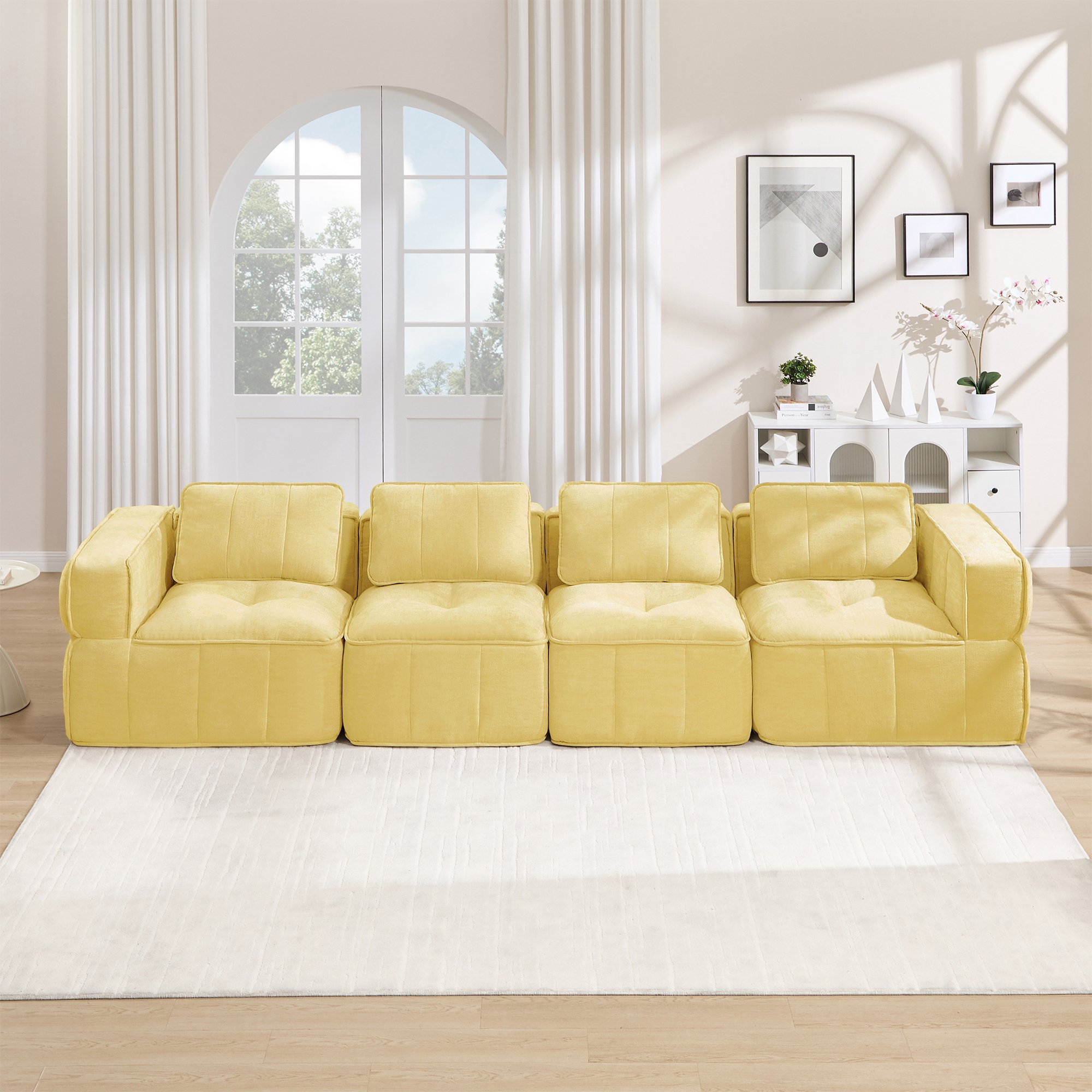 Canapé modulable 4 places jaune sans cadre, mousse haute densité 32D, tissu polyester doux et base antidérapante pour salon