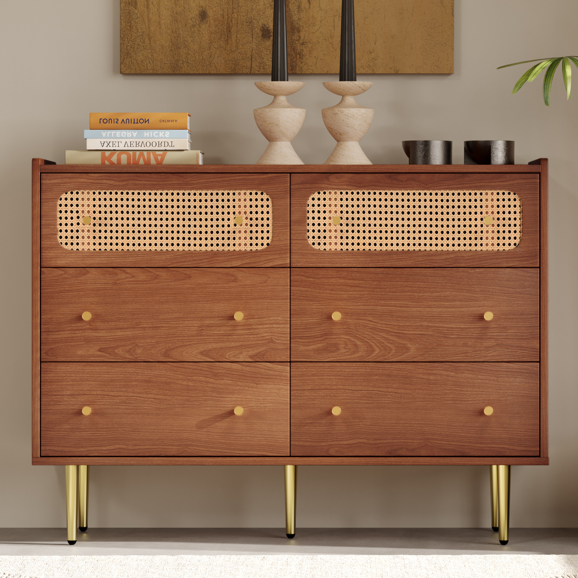 Buffet 6 Tiroirs 120x40x90 cm Meuble de Rangement avec Couvercles Rotan et Poignées Dorées pour Chambre et Salon