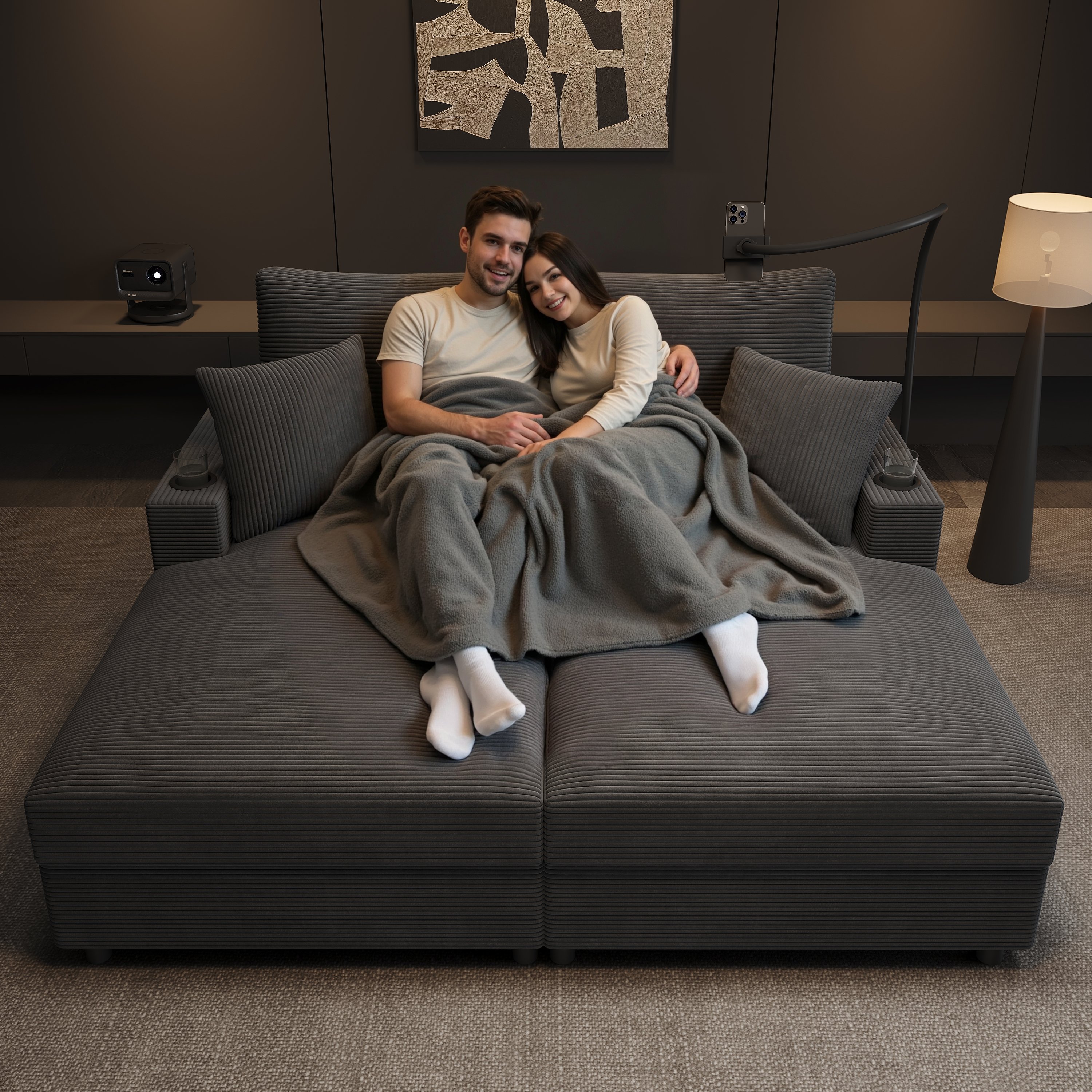 Canapé convertible 2 places en velours côtelé gris avec LED, USB-C et support téléphone 360° pour salon