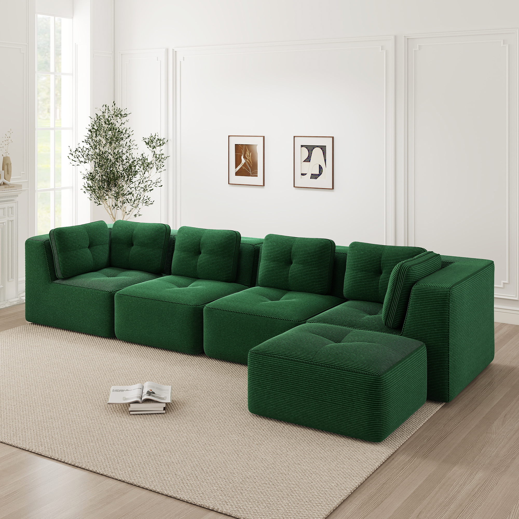Canapé Modulable 4 Places Vert, Canapé d'Angle Profond en Tissu Côtelé, Confort Nuage et Structure Sans Cadre Rigide pour Salon Moderne