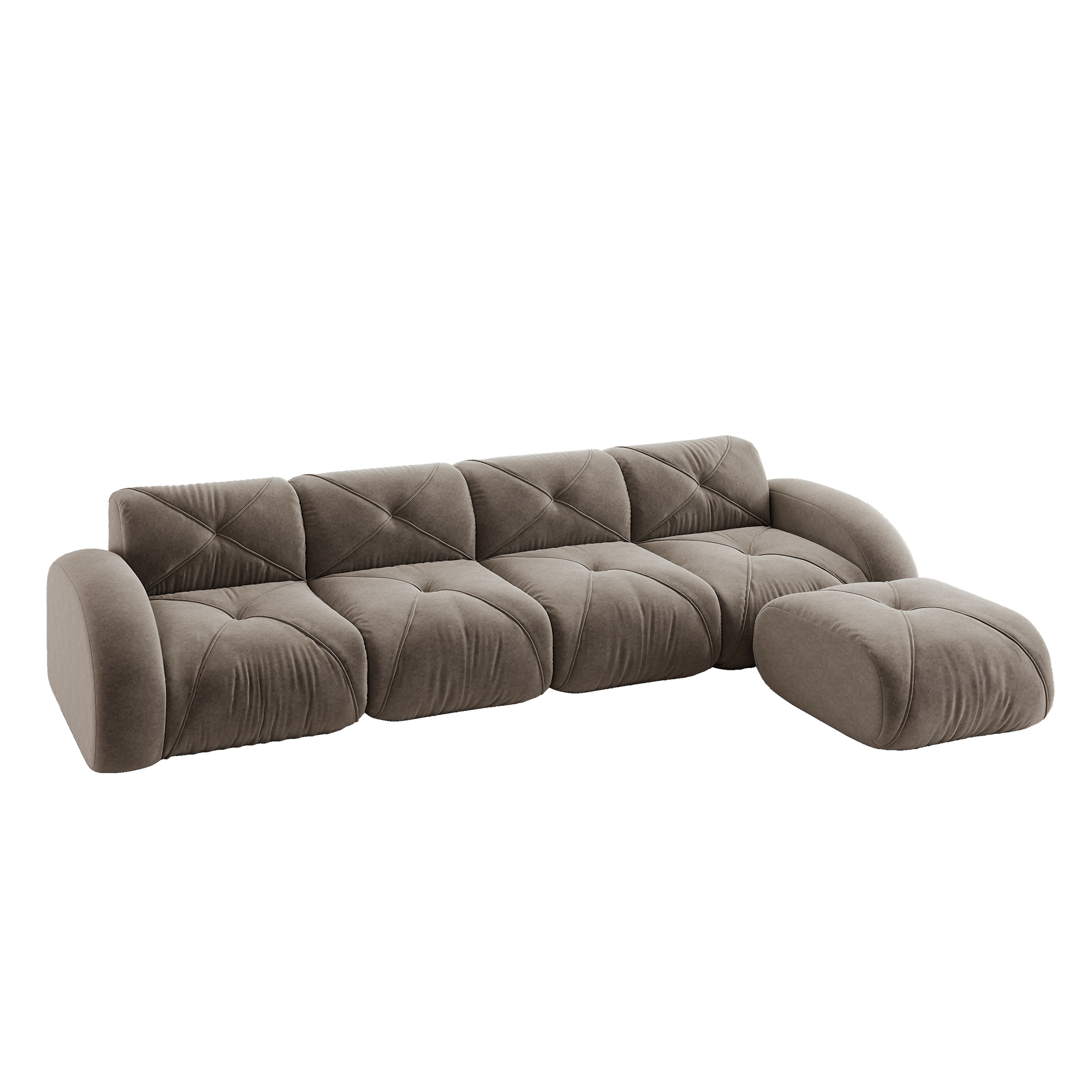 Fauteuil Canapé d'angle Modulable 4 Places en Tissu Chenille Taupe avec Repose-Pieds Intégré et Design Sans Dossier Moderne