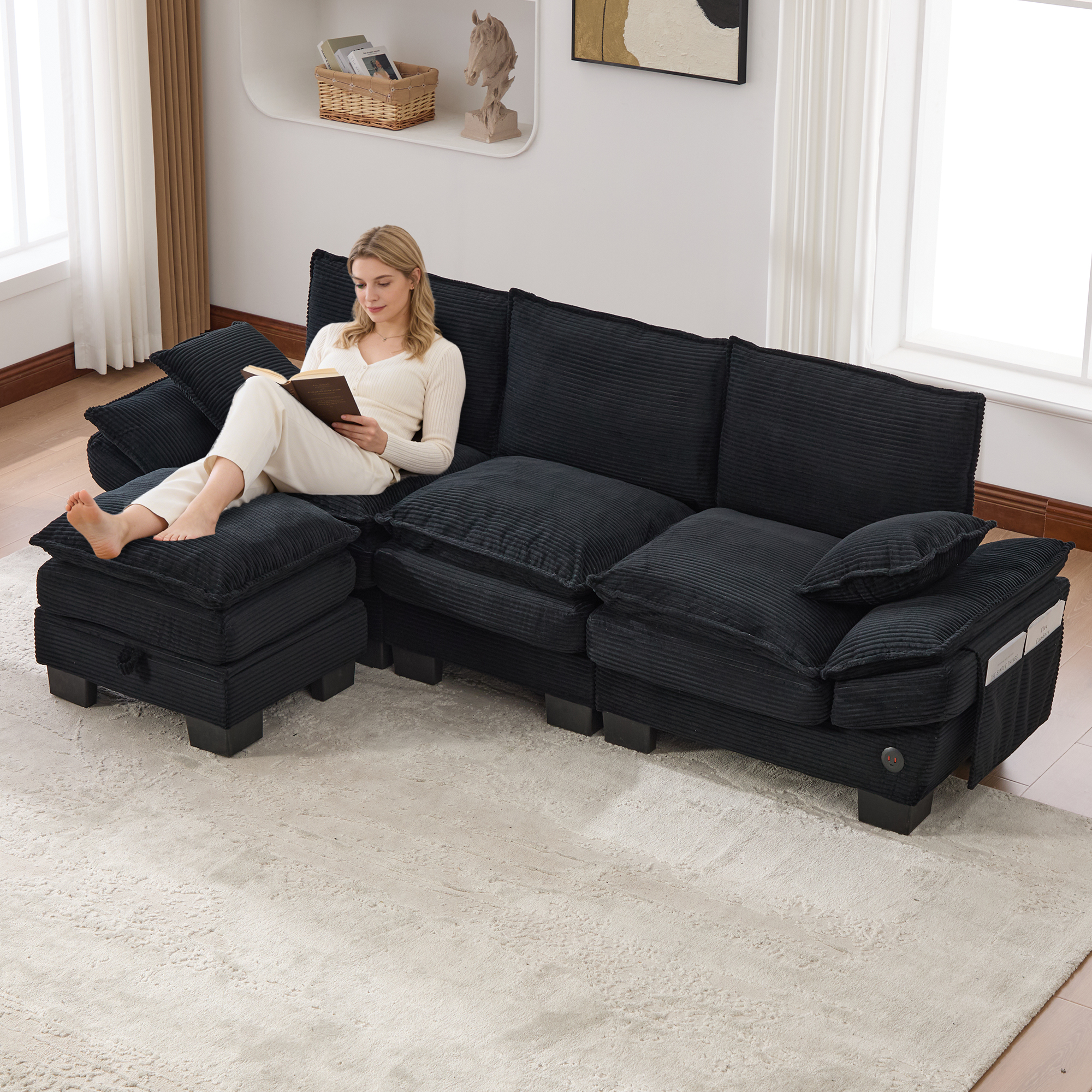 Canapé d'angle 3 places en velours côtelé noir avec pouf et port USB-C intégré pour salon