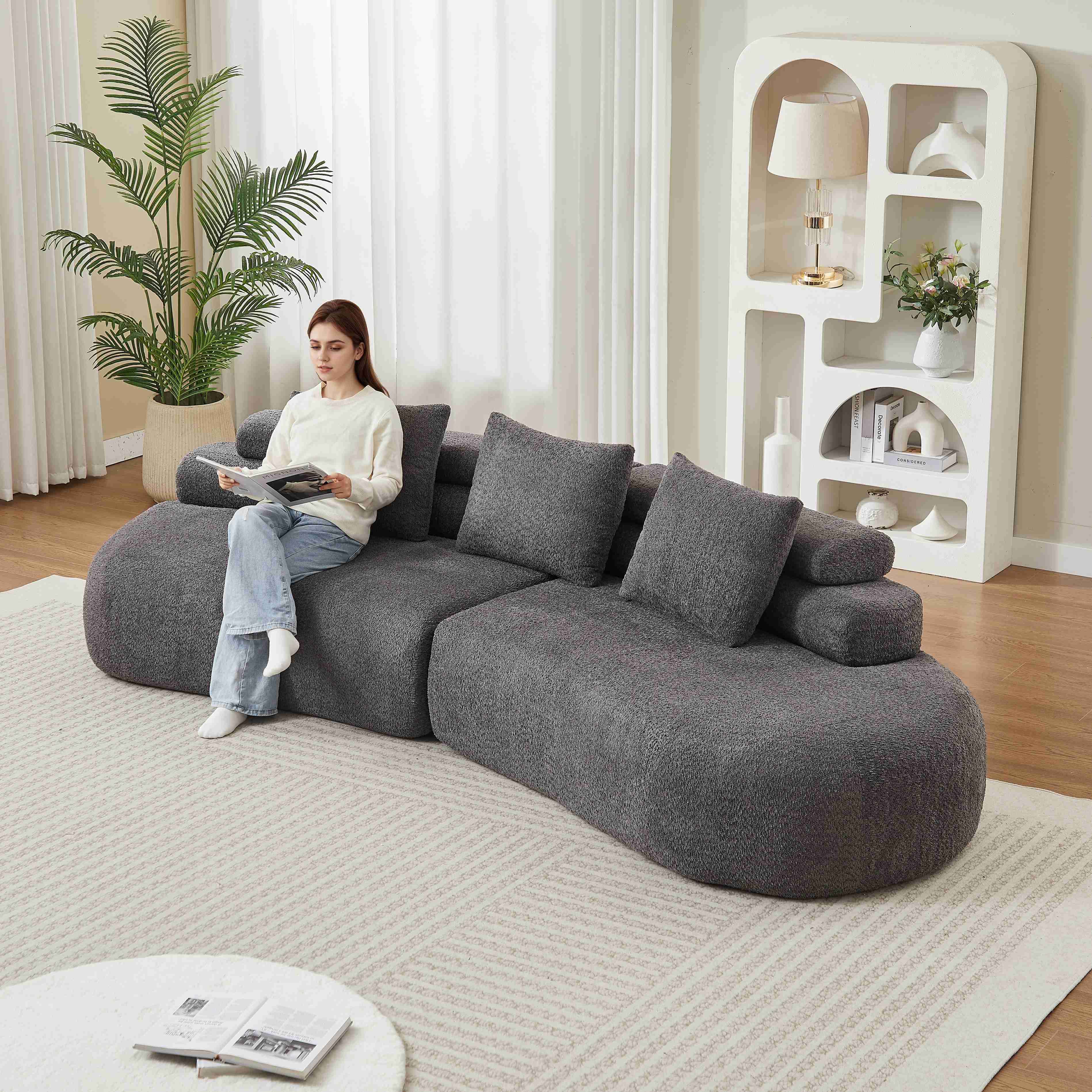 Canapé Modulable 3 Places en Chenille Gris Anthracite Design Courbe Sans Accoudoirs pour Salon et Chambre Enfant