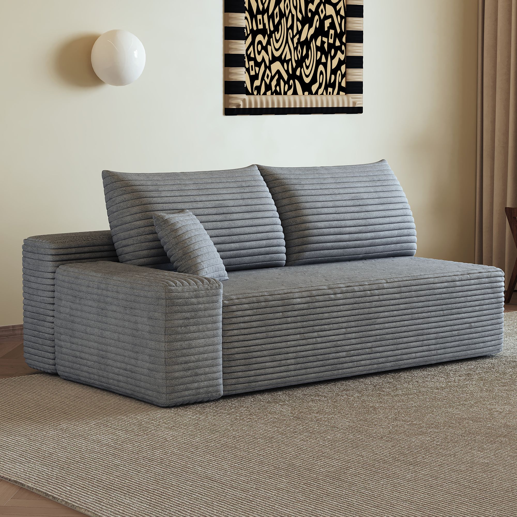 Canapé droit gris velours côtelé sans assemblage, chaise longue réversible, confort moelleux, idéal pour appartement ou chambre