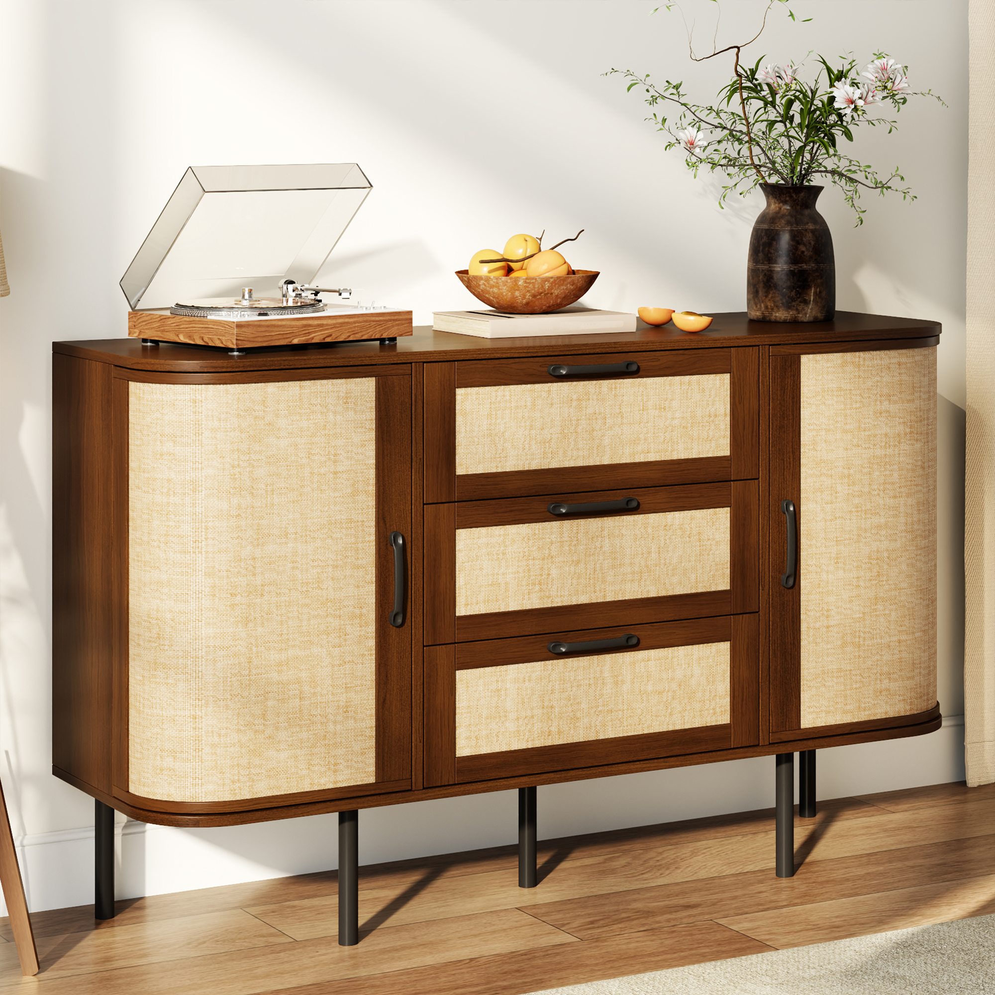 Meuble TV Bas Dimensions 120 x 40 x 82 cm Capacité Stockage 2 Compartiments Portes 3 Tiroirs Profonds