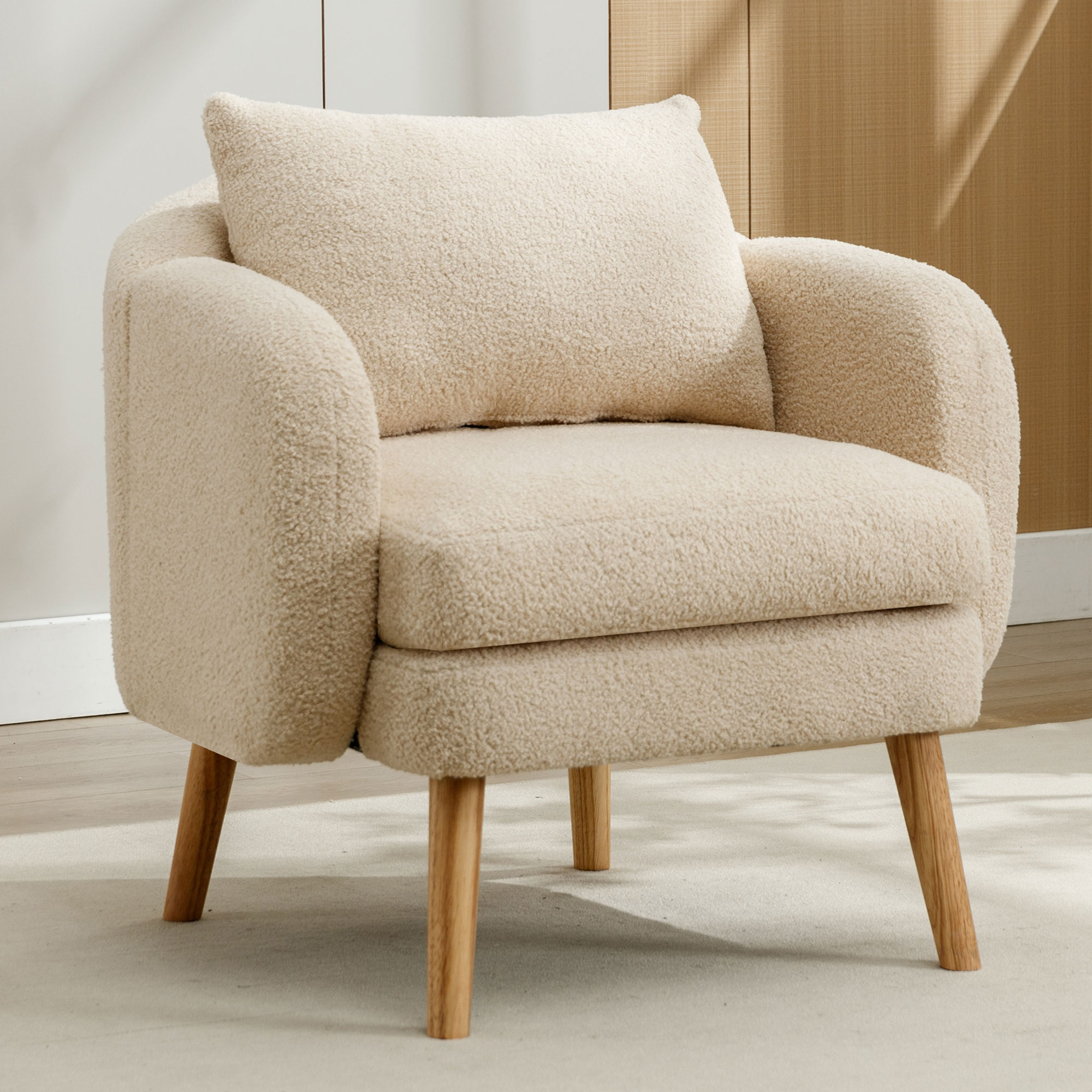 Fauteuil Salon Moderne en Velours Teddy Beige, Coussin Amovible, Structure Bois Massif, Assise Confortable pour Intérieur
