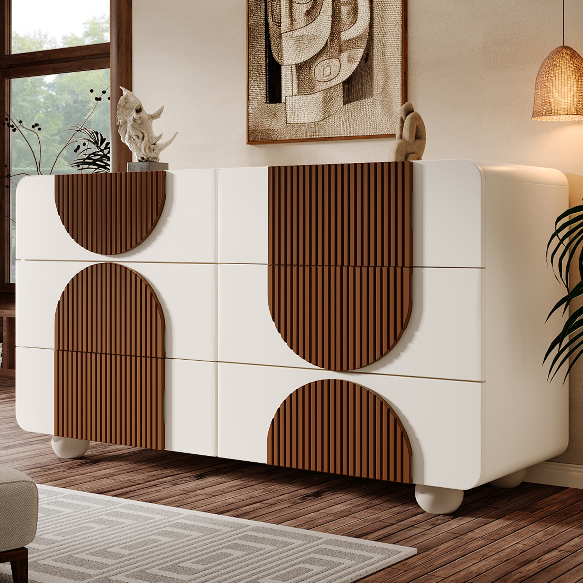 Buffet Blanc Design Courbé 6 Tiroirs Glissants Silencieux Meuble Salon Entrée Panneau composite de fibres de bois à densité Bois Massif 121x71x41 cm