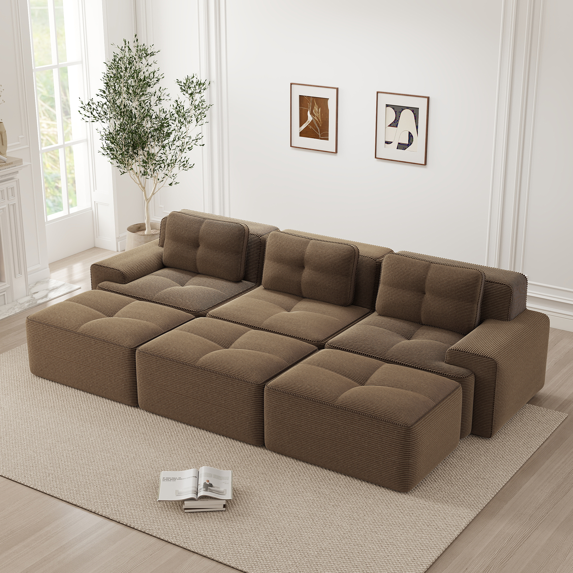 Canapé d'angle convertible avec hocker, canapé modulable convertible tissu côtelé marron, design boneless facile à installer