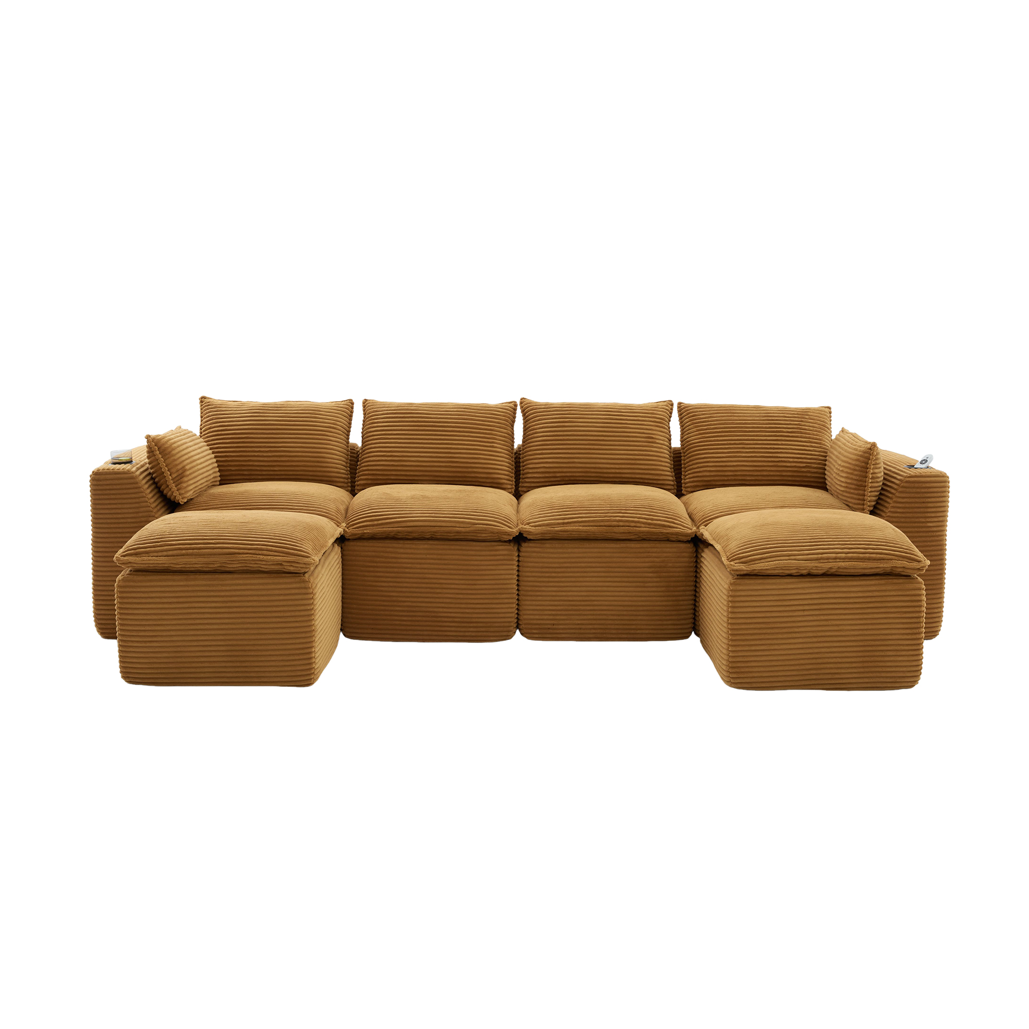 Canapé modulable 4 places avec 2 poufs, porte-gobelets, 2 poches latérales et mousse à ressorts intégrés