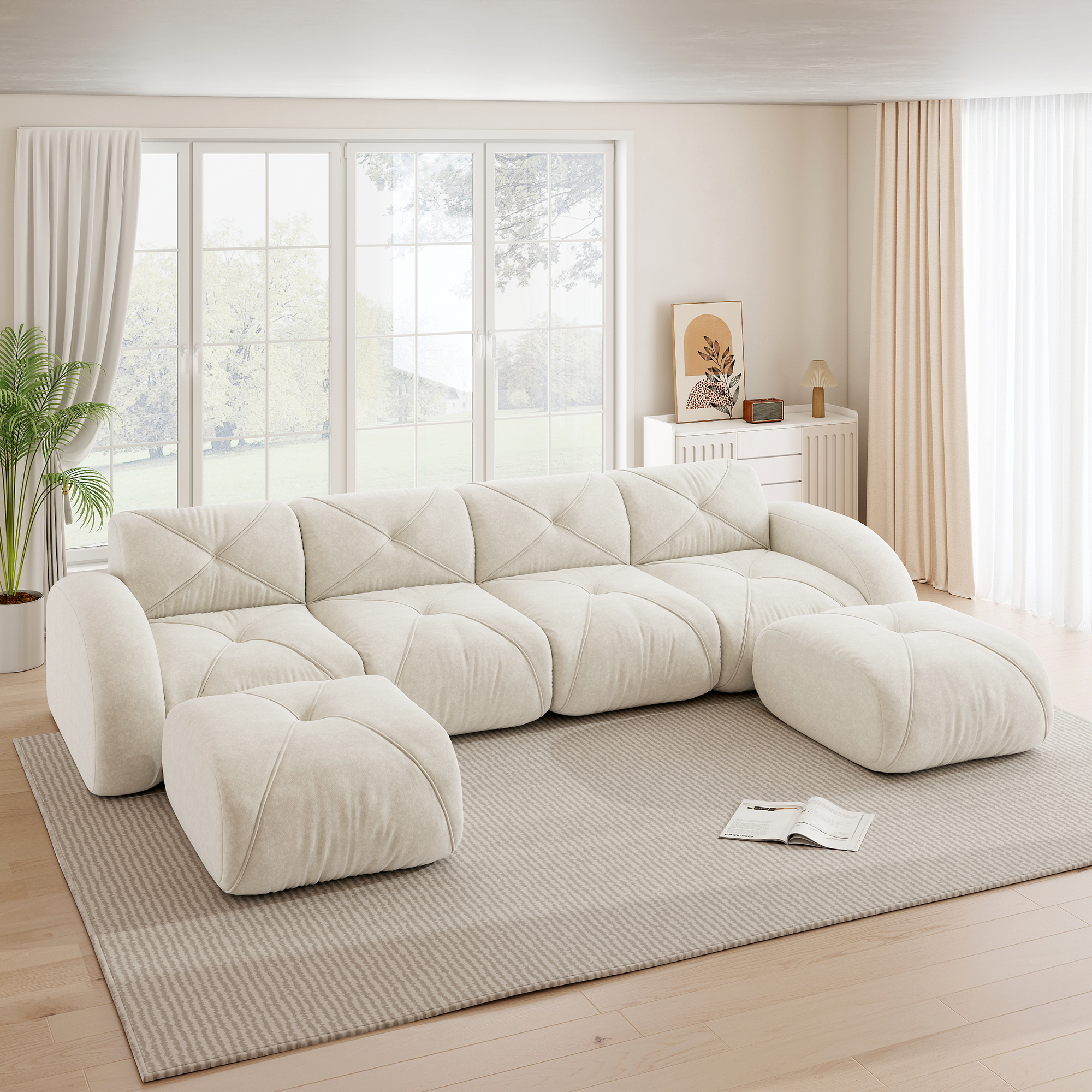 Canapé modulable 4 places en U, canapé panoramique sans dossier revêtement Chenille couleur Beige clair pour salon moderne