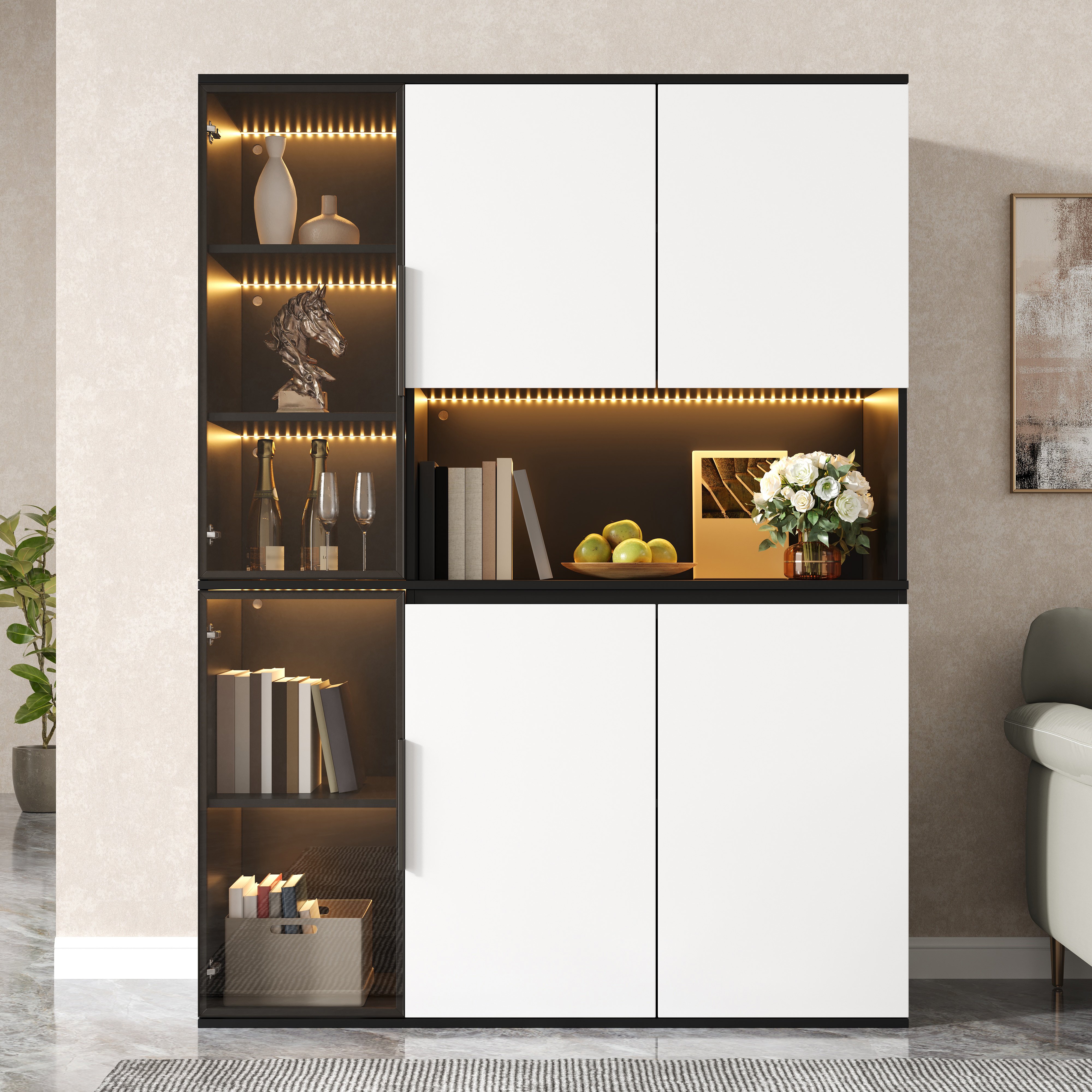 Vitrine Haute 160x40x120 cm, Meuble de Rangement Noir Blanc avec Éclairage LED et Compartiments Vitres