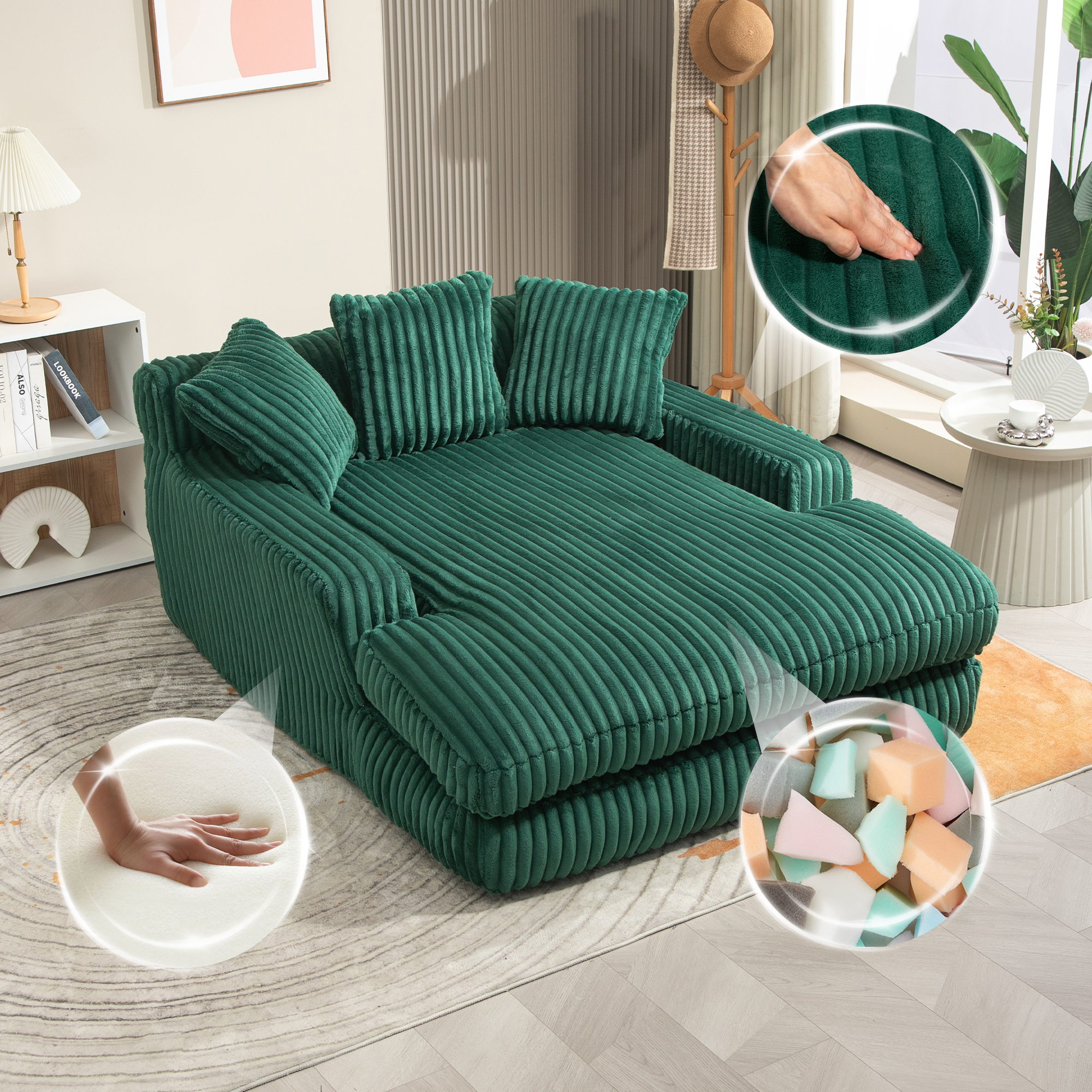 Canapé compact 1 place en velours côtelé vert émeraude avec 3 coussins, pour petit salon, sans montage