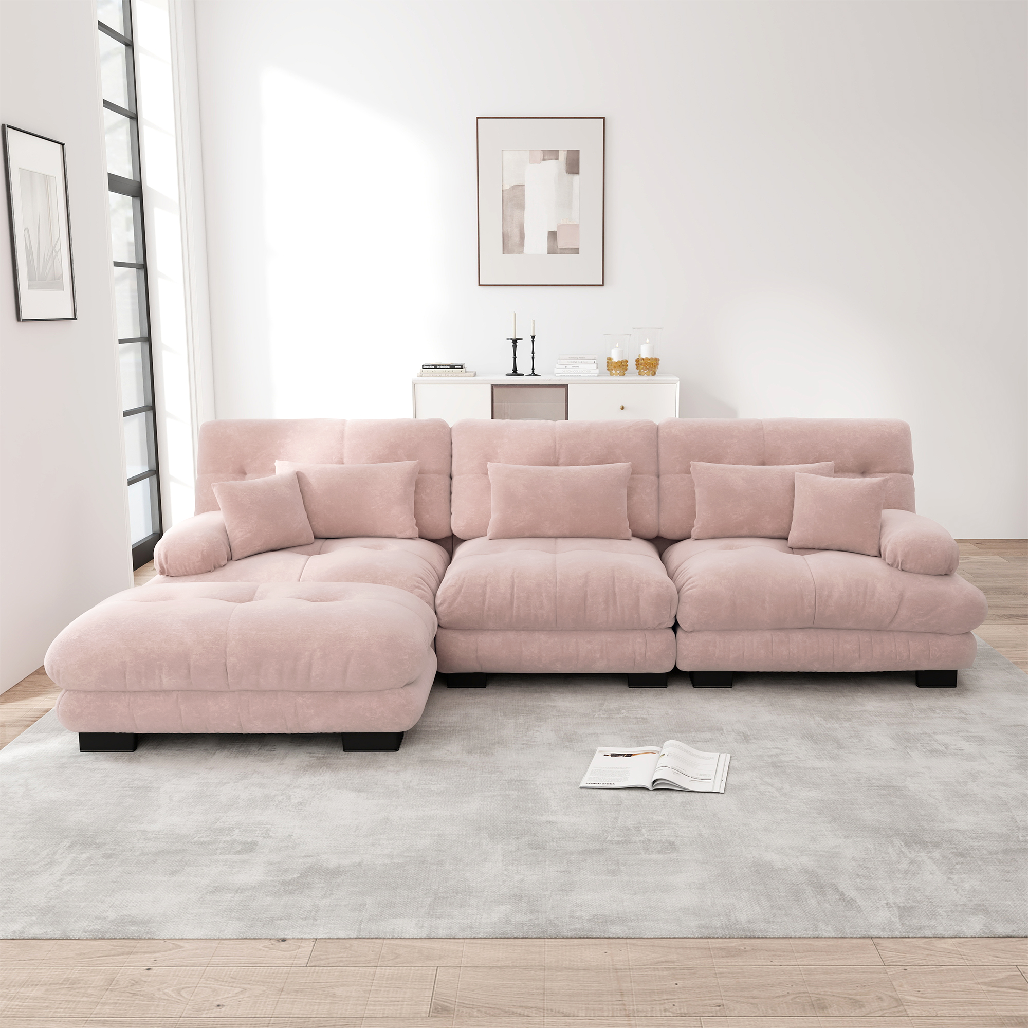 Canapé d'angle modulable en chenille rose avec ottoman mobile et accoudoirs ronds pour salon