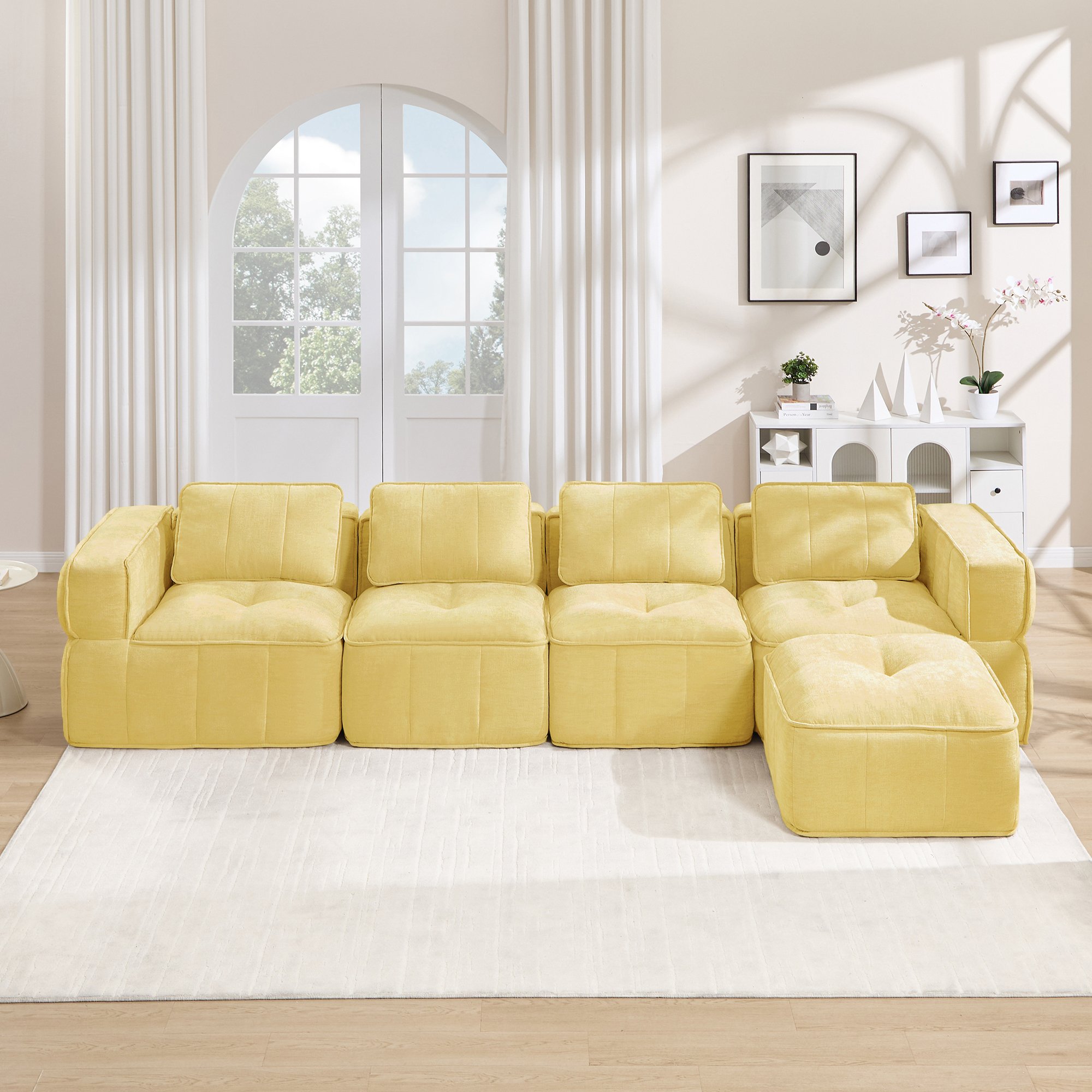 Canapé d'angle 4 places jaune sans cadre avec pouf, tissu polyester, mousse 32D, dimensions 344x162x67 cm pour salon