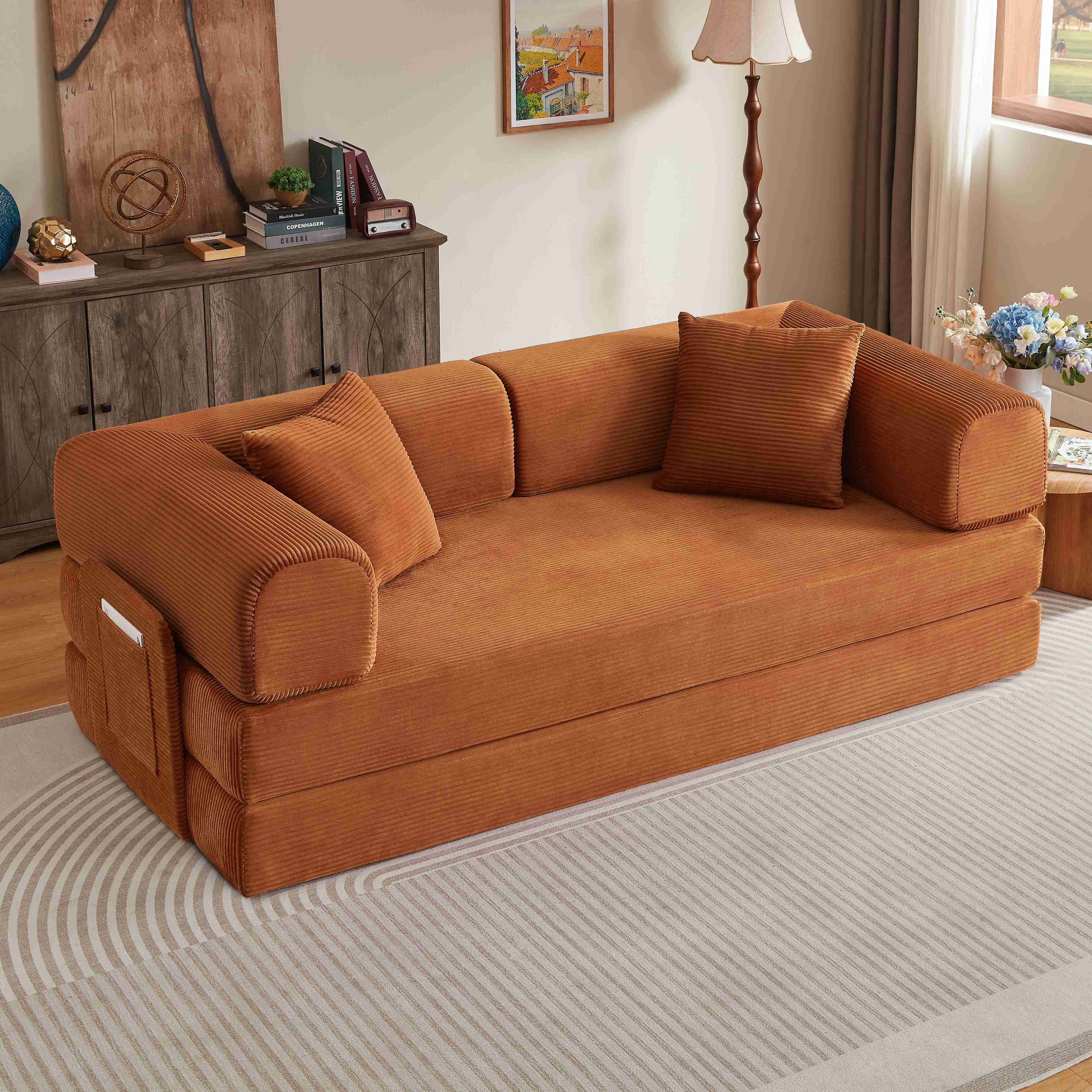Canapé-lit Tatami Terracotta en Corduroy avec Mousse Haute Densité et Structure Acier Chromé pour Salon Chambre