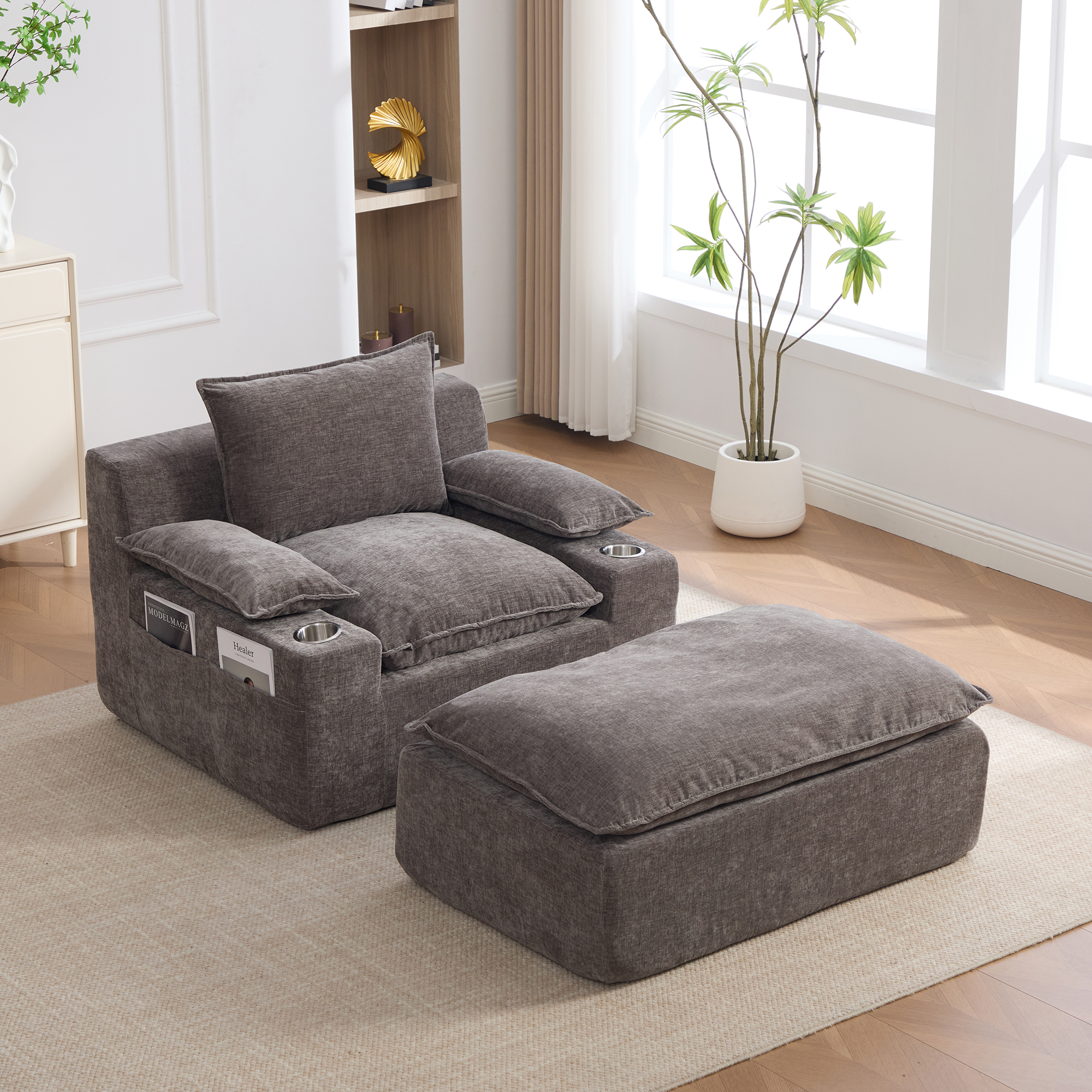 Méridienne Relax en Tissu Chenille Gris, Fauteuil Inclinable avec Repose-Pieds et Coussins, Porte-Gobelet Intégré, Sans Montage pour Salon Moderne