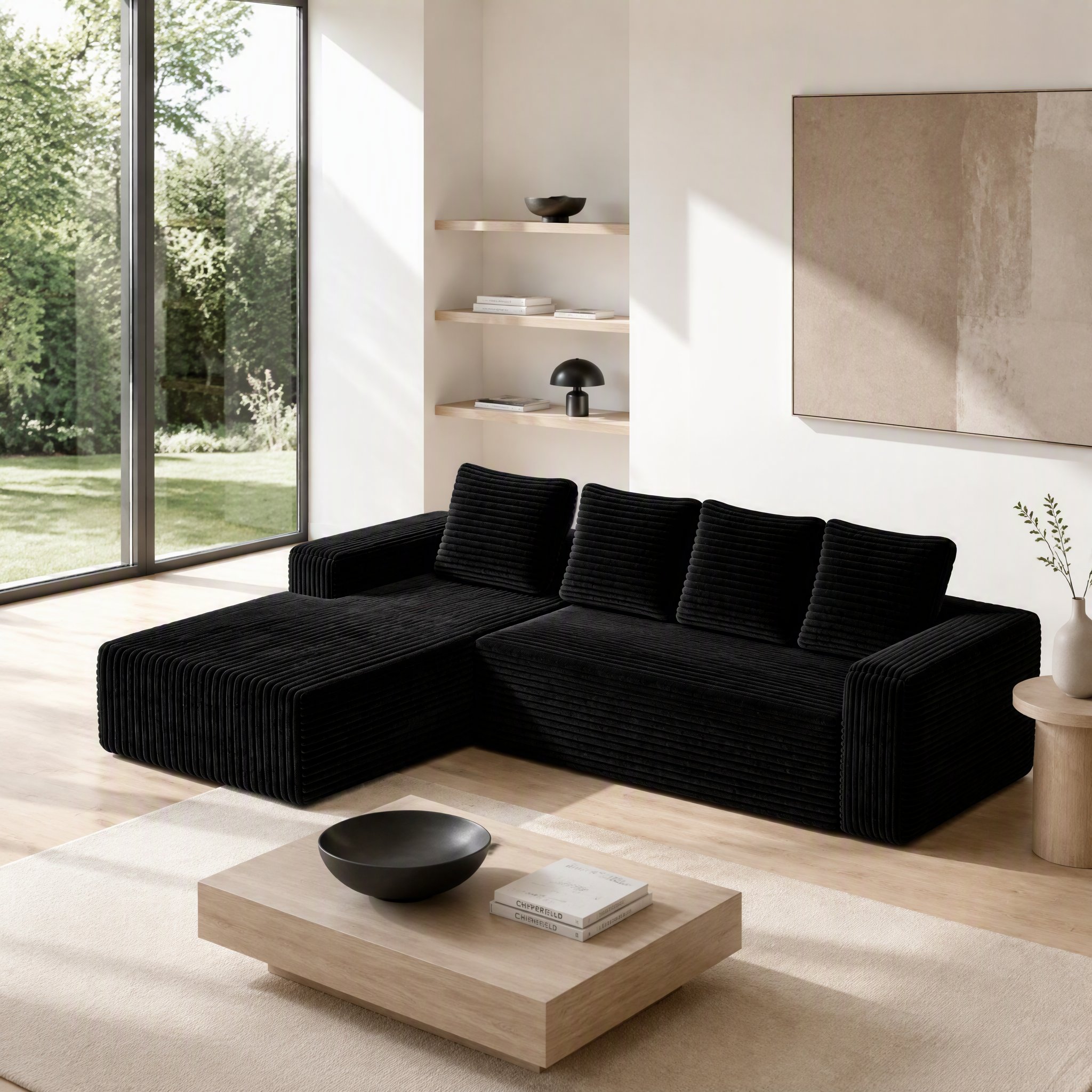 Canapé d'angle modulable sans montage en tissu côtelé noir, 2 pièces réversibles avec méridienne