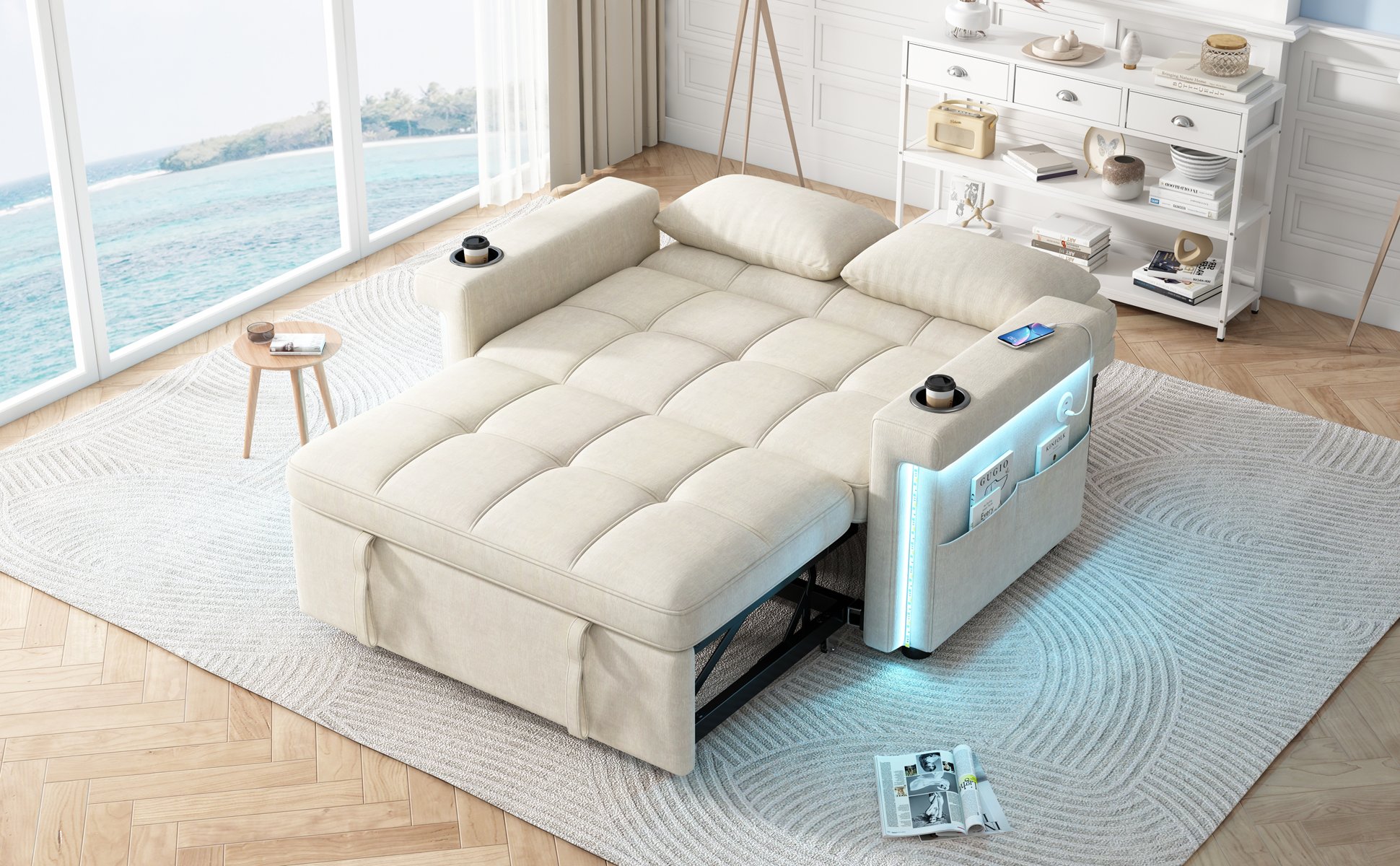 Canapé-lit convertible 2 places en tissu chenille beige avec LED, ports USB Type-C, dossier réglable et porte-gobelets intégrés
