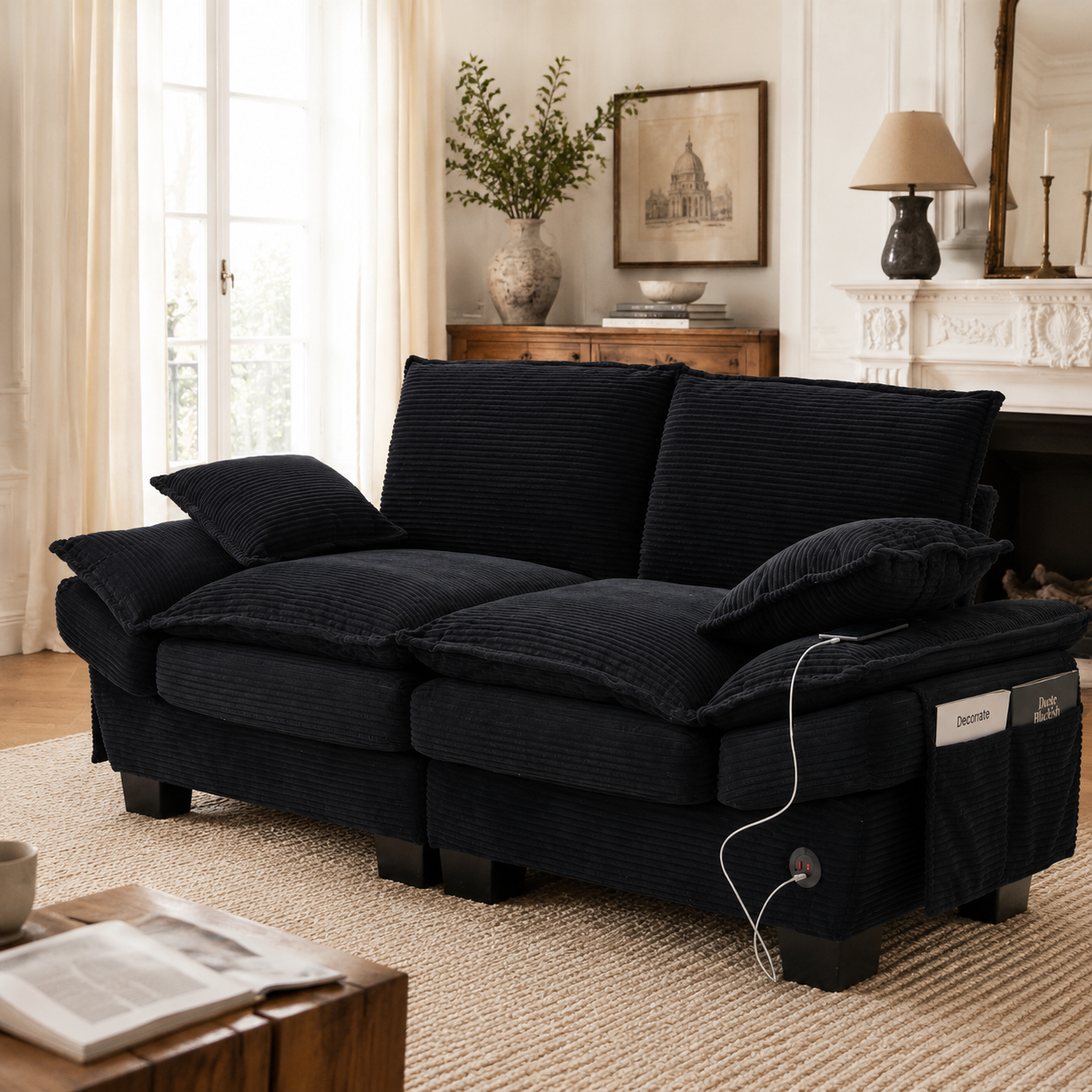 Canapé 2 places en velours côtelé noir, mousse haute densité et pieds plastique stables, USB-C intégré