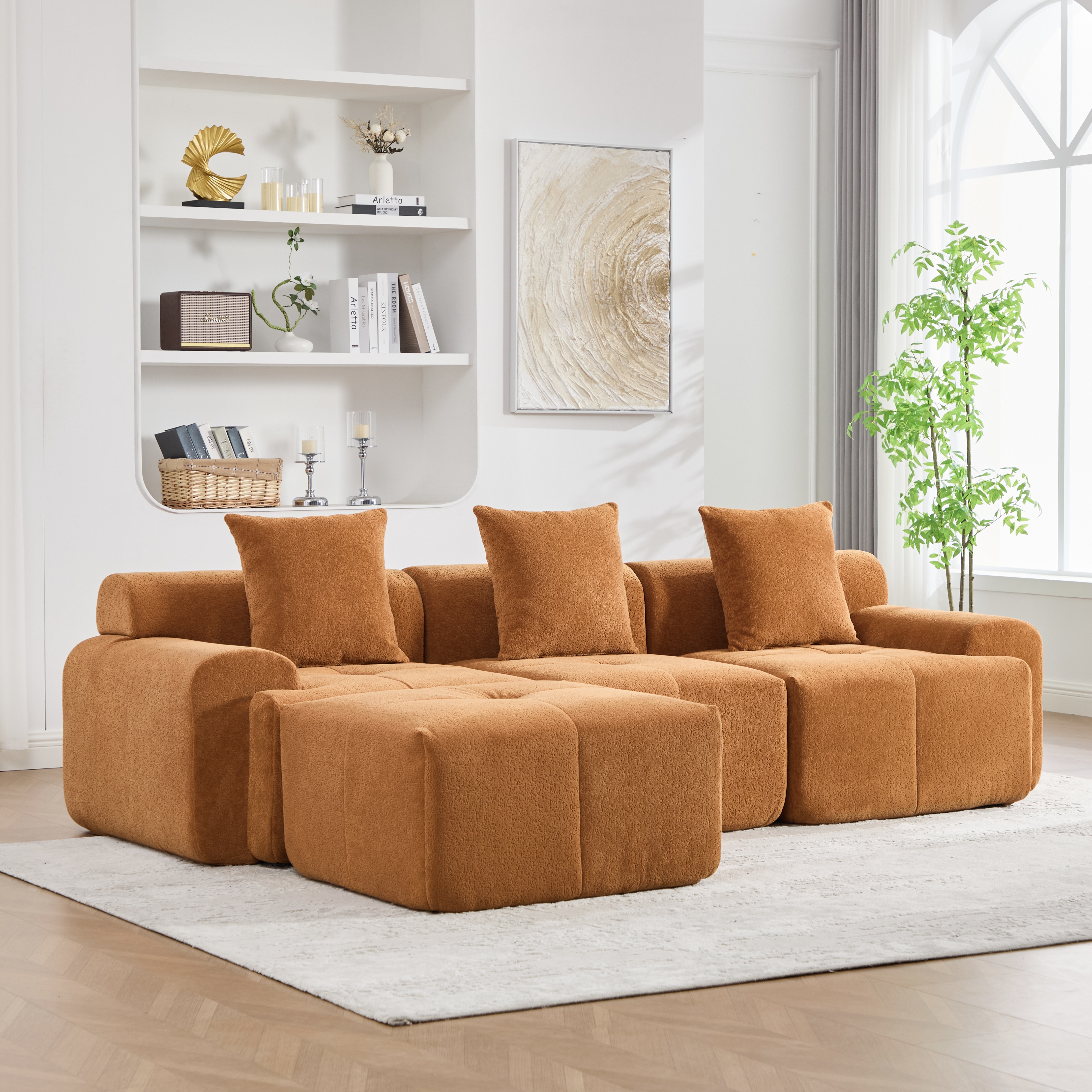 Canapé d'angle modulable 3 places, Canapé L en tissu orange avec mousse à mémoire de forme, Design moderne pour salon