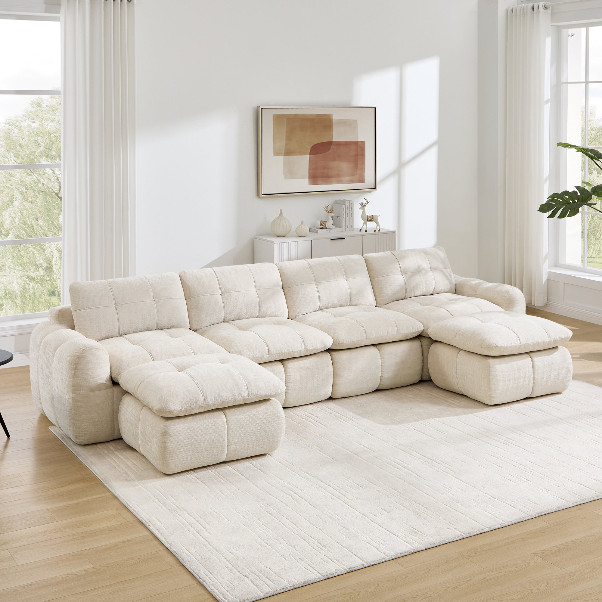Canapé modulable 4 places beige en chenille, structure sans cadre avec 2 ottomans, design carré pour salon et appartement