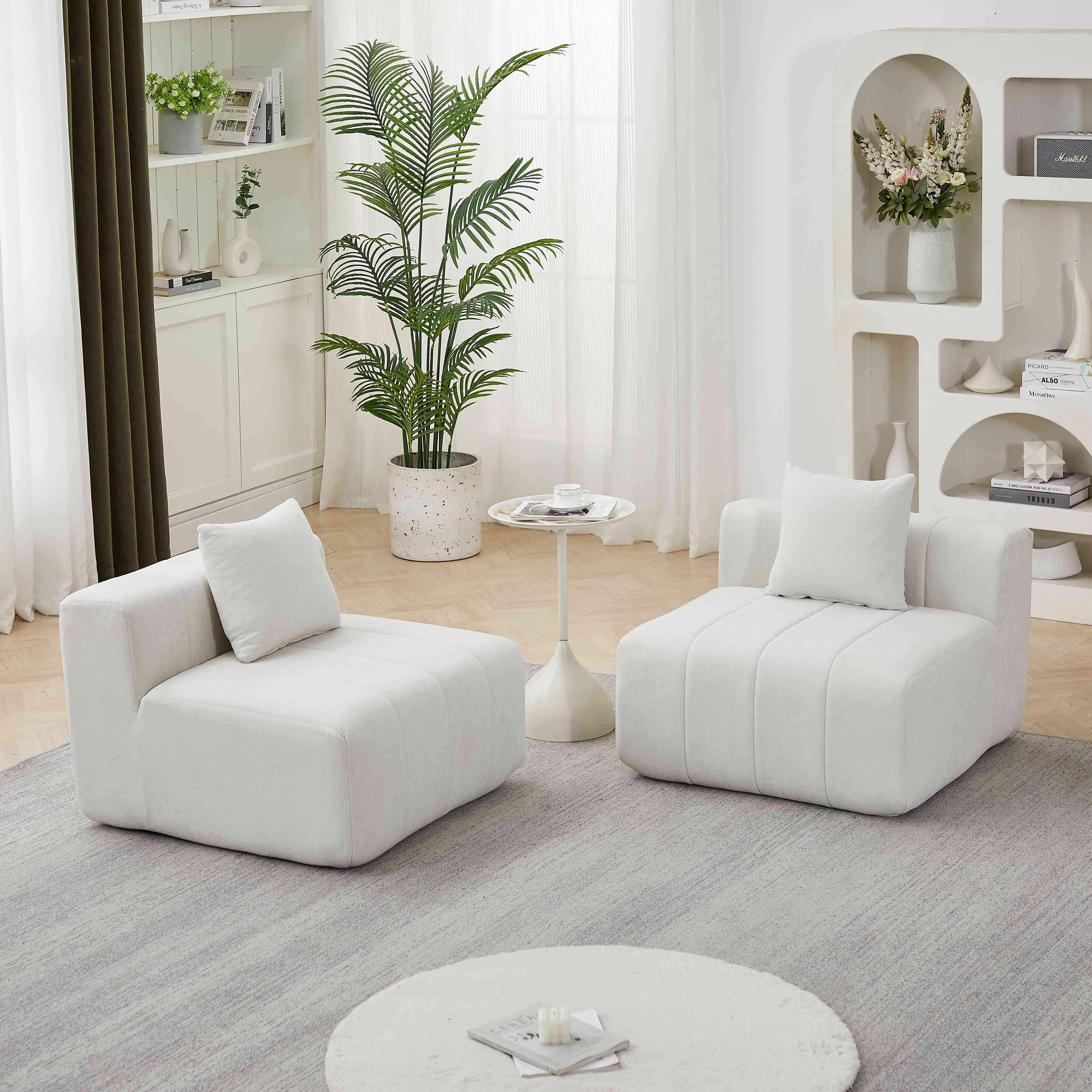 Canapé modulaire beige en tissu chenille, ensemble sans montage avec coussins, style touches de piano pour salon ou bureau