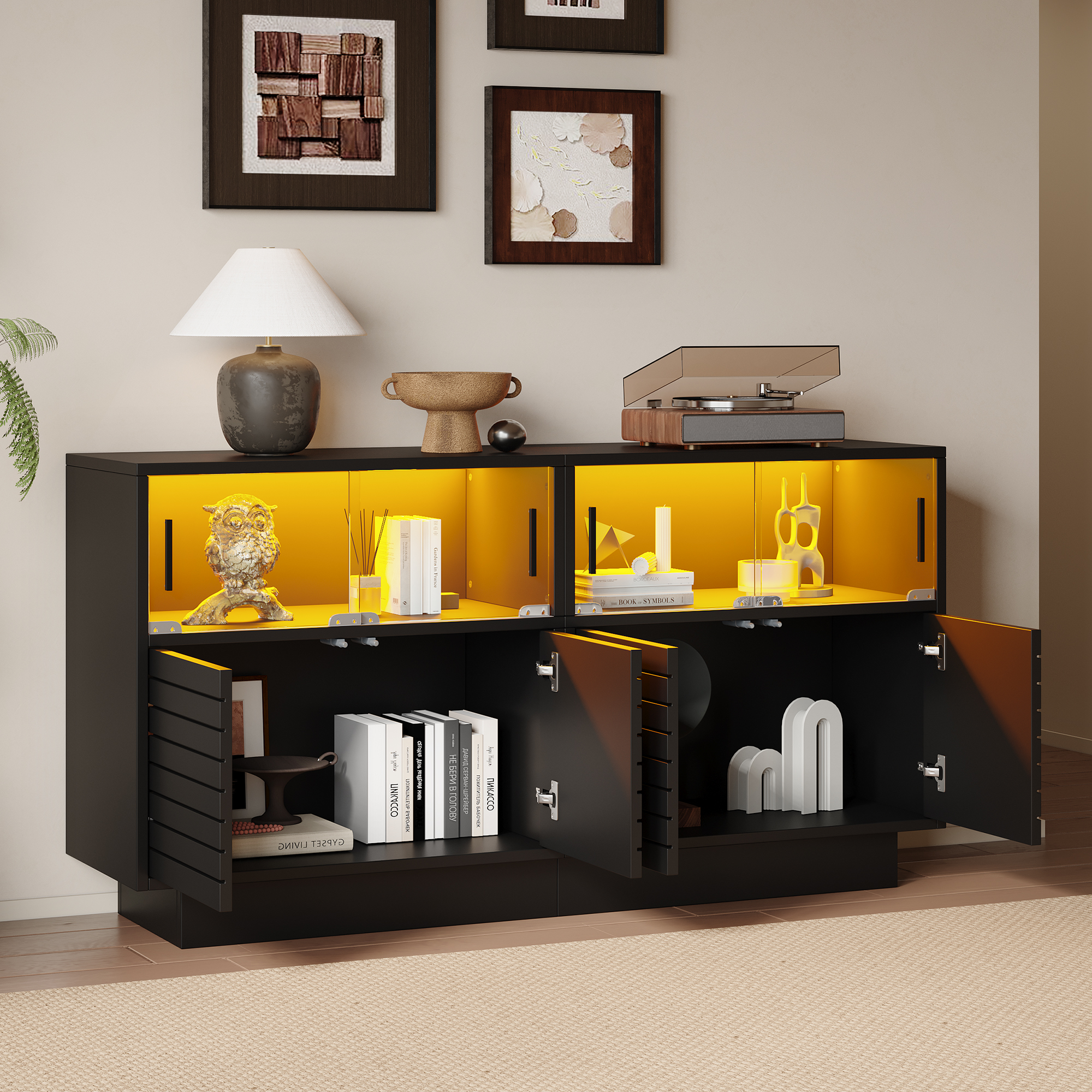 Buffet Noir 130x35x68 cm avec Éclairage LED Intégré et 4 Portes Vitres Coulissantes à Amortisseur Panneau de Particules
