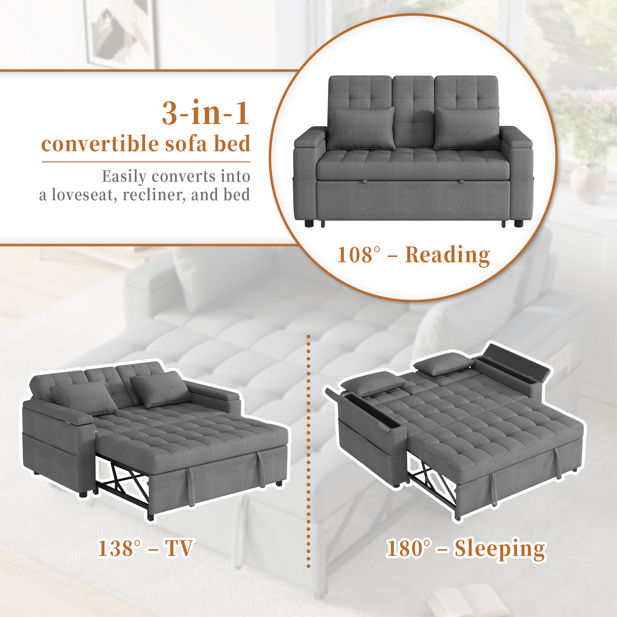 Lit avec rangement et tiroirs intégrés 2 places avec dossier réglable et coussins inclus en tissu aspect lin gris