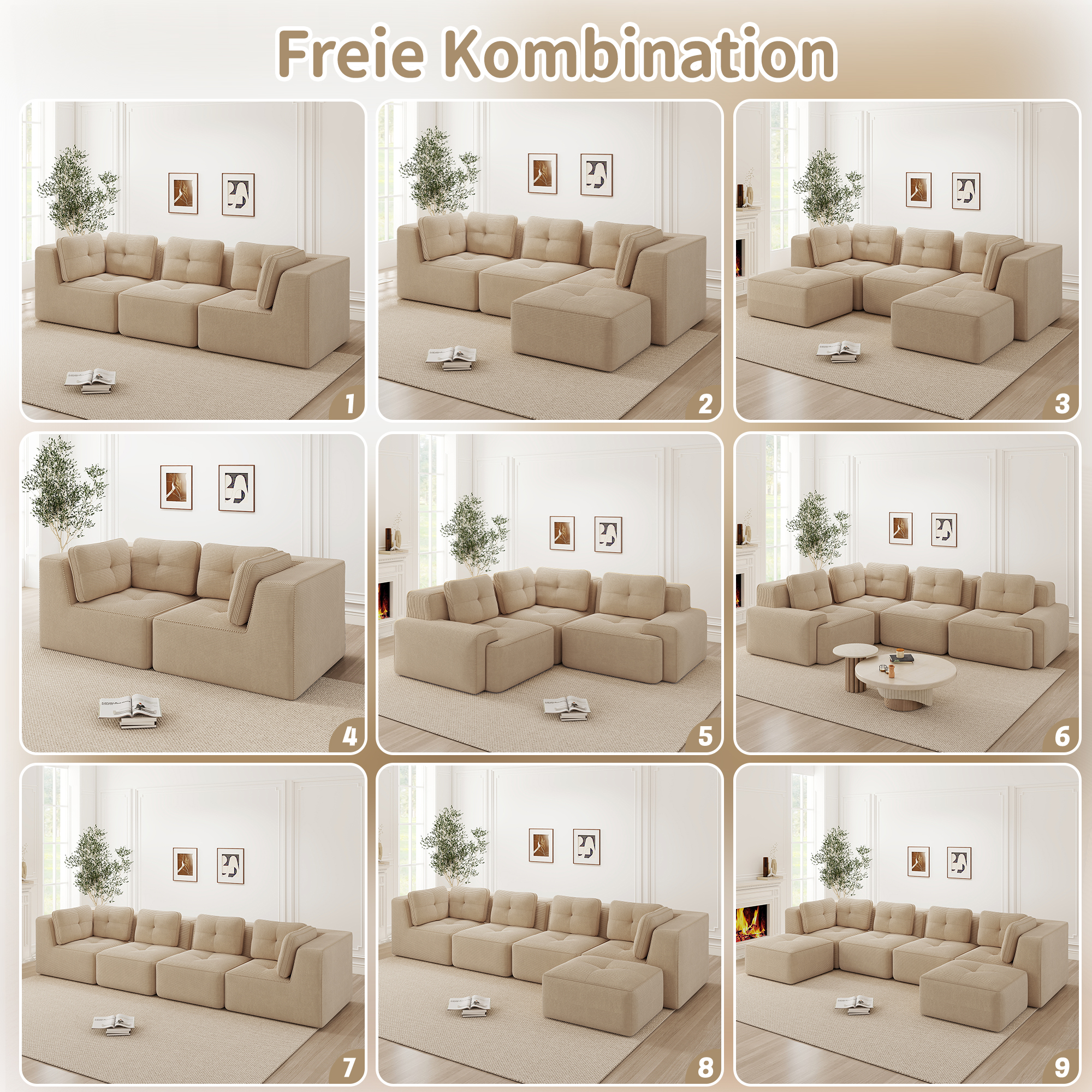 Canapé Modulable Revêtement Velours Côtelé Beige Structure Stable Large Accoudoirs Dimensions 295x206x69 Cm