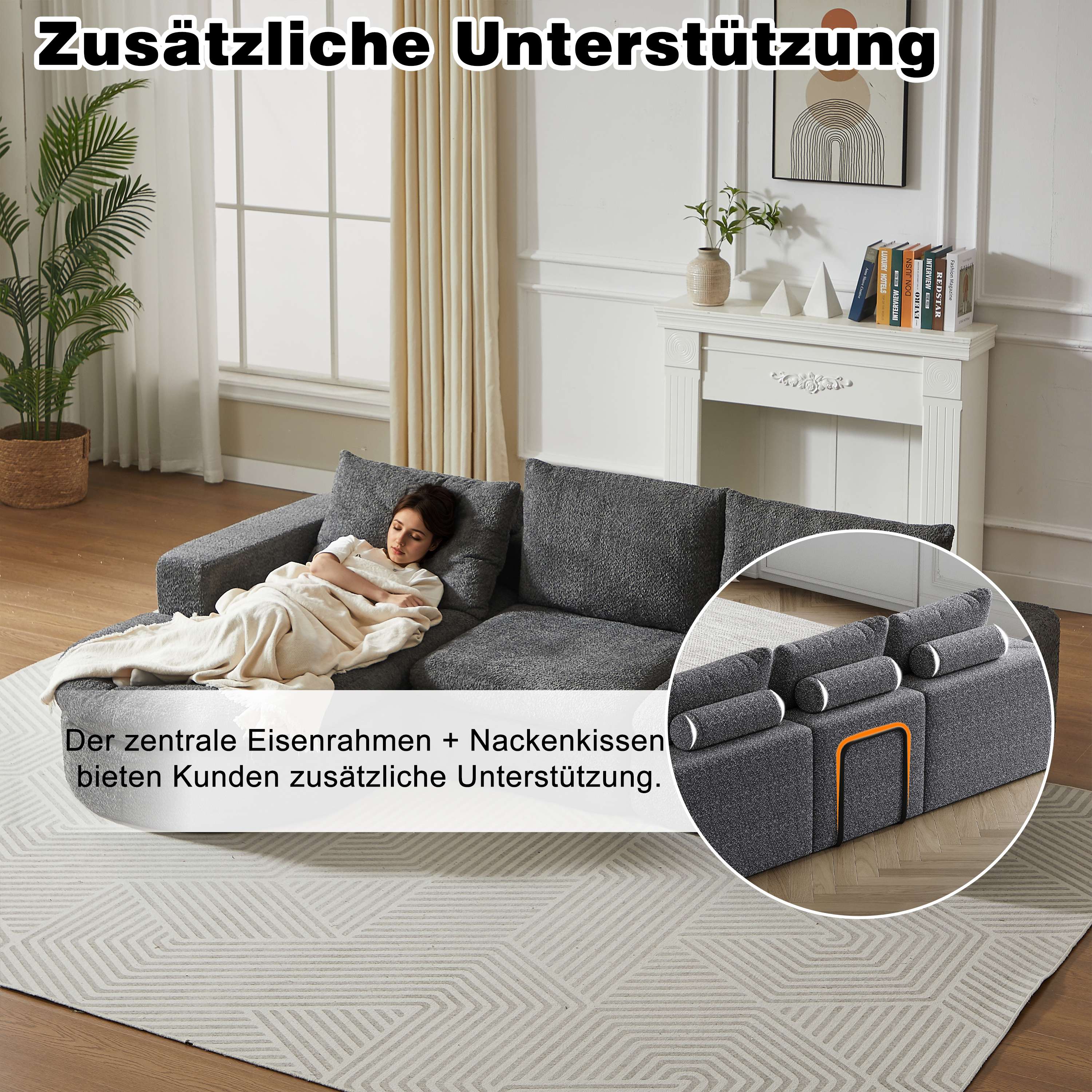 Canapé En Tissu Chenille Gris Structure Sans Cadre Visible Rembourrage Mousse Haute Densité 250x160x80 Cm Livré Compressé En 2 Colis